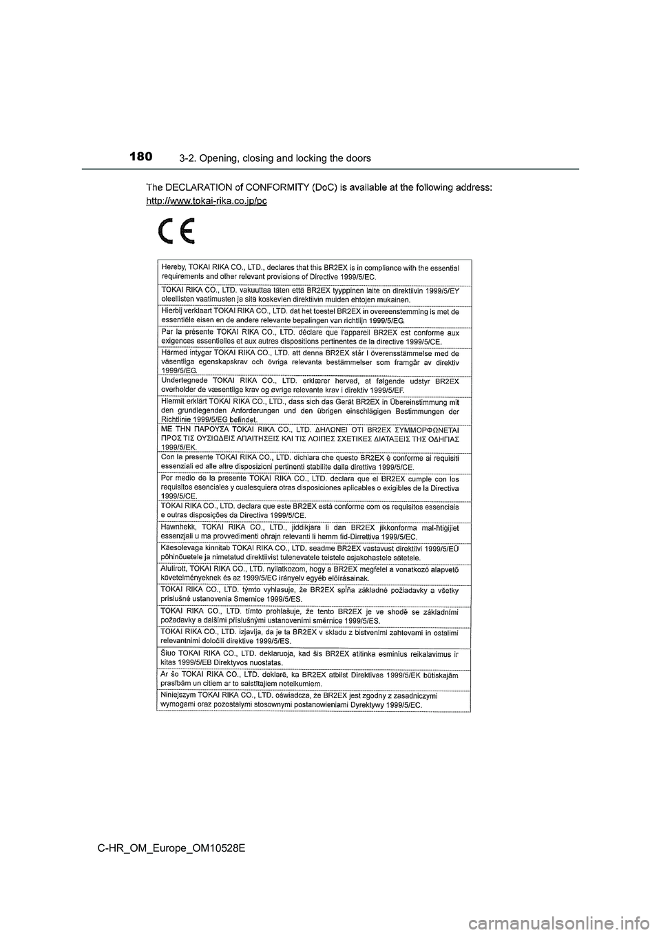 TOYOTA C-HR 2016 Owners Manual 1803-2. Opening, closing and locking the doors
C-HR_OM_Europe_OM10528E TOYOTA C-HR 2016 Owners Manual 1803-2. Opening, closing and locking the doors
C-HR_OM_Europe_OM10528E