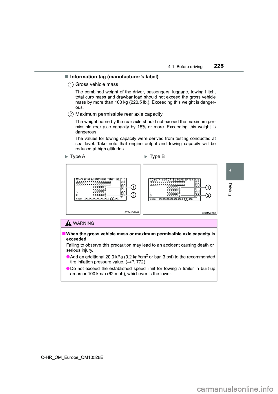 TOYOTA C-HR 2016 Owners Manual 2254-1. Before driving
4
Driving
C-HR_OM_Europe_OM10528E
■Information tag (manufacturer’s label)
Gross vehicle mass
The combined weight of the driver, passengers, luggage, towing hitch,
total c TOYOTA C-HR 2016 Owners Manual 2254-1. Before driving
4
Driving
C-HR_OM_Europe_OM10528E
■Information tag (manufacturer’s label)
Gross vehicle mass
The combined weight of the driver, passengers, luggage, towing hitch,
total c
