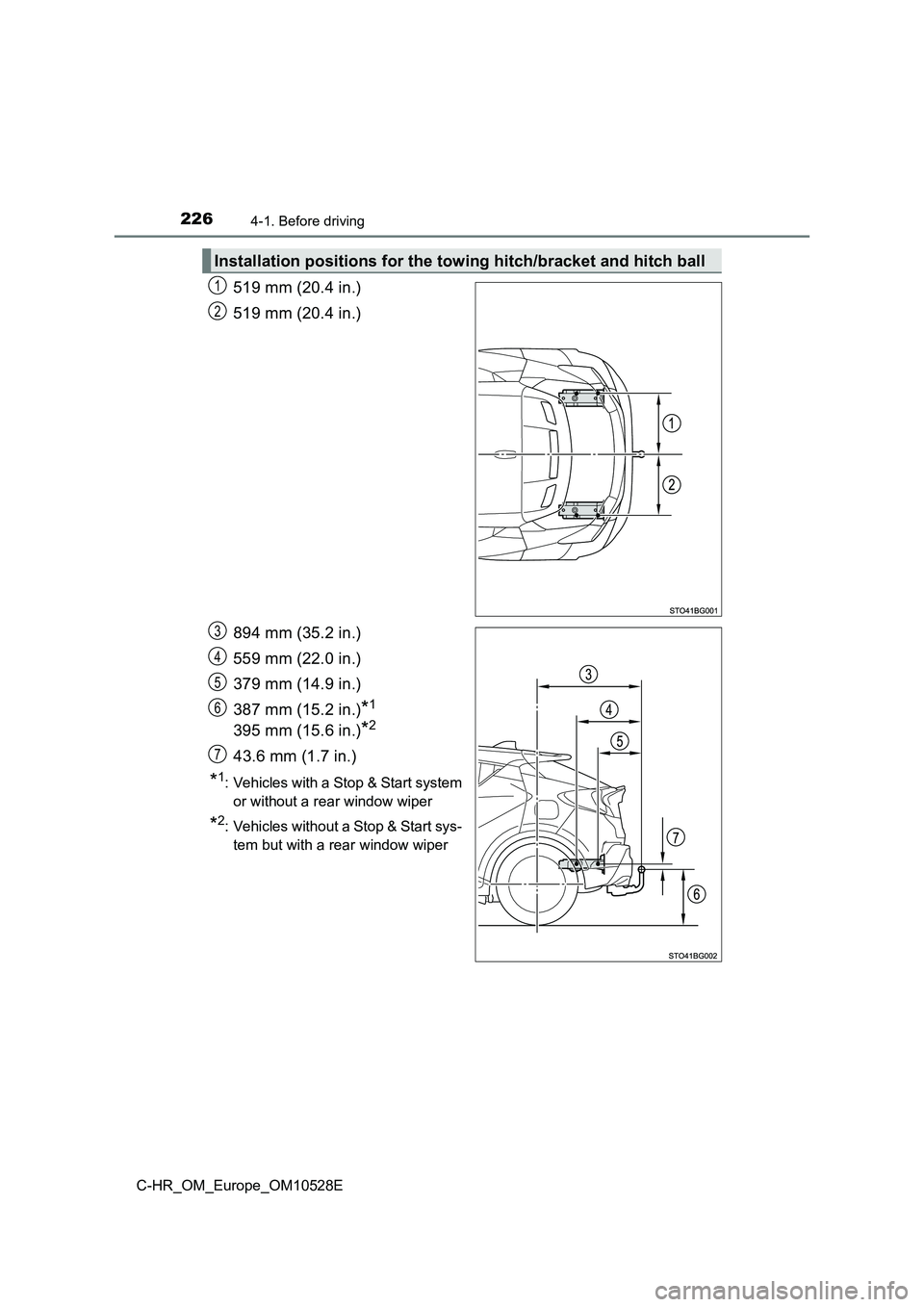 TOYOTA C-HR 2016 Owners Manual 2264-1. Before driving
C-HR_OM_Europe_OM10528E
519 mm (20.4 in.)
519 mm (20.4 in.)
894 mm (35.2 in.)
559 mm (22.0 in.)
379 mm (14.9 in.)
387 mm (15.2 in.)*1
395 mm (15.6 in.)*2
43.6 mm (1.7 in.)
TOYOTA C-HR 2016 Owners Manual 2264-1. Before driving
C-HR_OM_Europe_OM10528E
519 mm (20.4 in.)
519 mm (20.4 in.)
894 mm (35.2 in.)
559 mm (22.0 in.)
379 mm (14.9 in.)
387 mm (15.2 in.)*1
395 mm (15.6 in.)*2
43.6 mm (1.7 in.)
