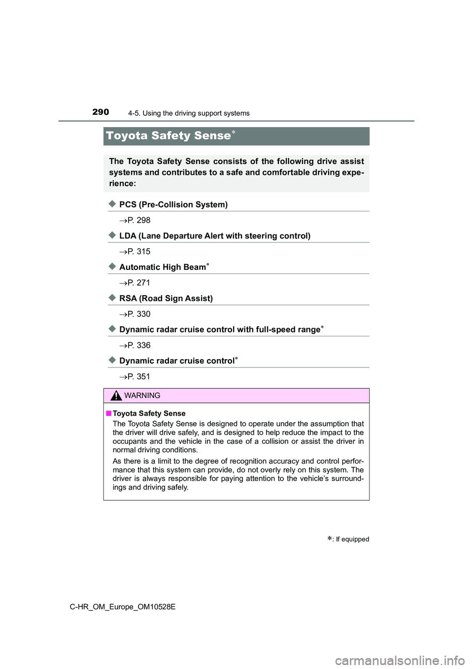 TOYOTA C-HR 2016 Owners Manual 2904-5. Using the driving support systems
C-HR_OM_Europe_OM10528E
Toyota Safety Sense
◆PCS (Pre-Collision System)
P. 2 9 8
◆LDA (Lane Departure Alert with steering control)
P. 3 1 5 TOYOTA C-HR 2016 Owners Manual 2904-5. Using the driving support systems
C-HR_OM_Europe_OM10528E
Toyota Safety Sense
◆PCS (Pre-Collision System)
P. 2 9 8
◆LDA (Lane Departure Alert with steering control)
P. 3 1 5