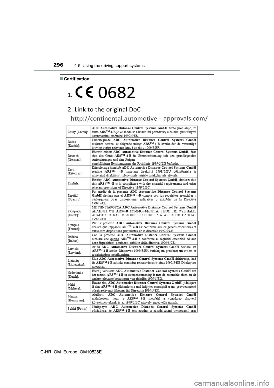 TOYOTA C-HR 2016 Owners Manual 2964-5. Using the driving support systems
C-HR_OM_Europe_OM10528E
■Certification TOYOTA C-HR 2016 Owners Manual 2964-5. Using the driving support systems
C-HR_OM_Europe_OM10528E
■Certification