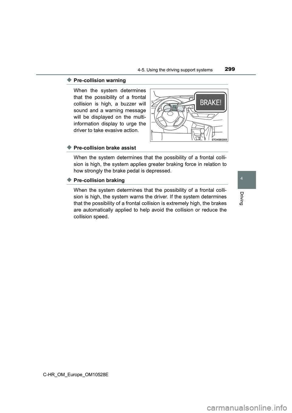 TOYOTA C-HR 2016 Owners Manual 2994-5. Using the driving support systems
4
Driving
C-HR_OM_Europe_OM10528E
◆Pre-collision warning
When the system determines
that the possibility of a frontal
collision is high, a buzzer will
s TOYOTA C-HR 2016 Owners Manual 2994-5. Using the driving support systems
4
Driving
C-HR_OM_Europe_OM10528E
◆Pre-collision warning
When the system determines
that the possibility of a frontal
collision is high, a buzzer will
s