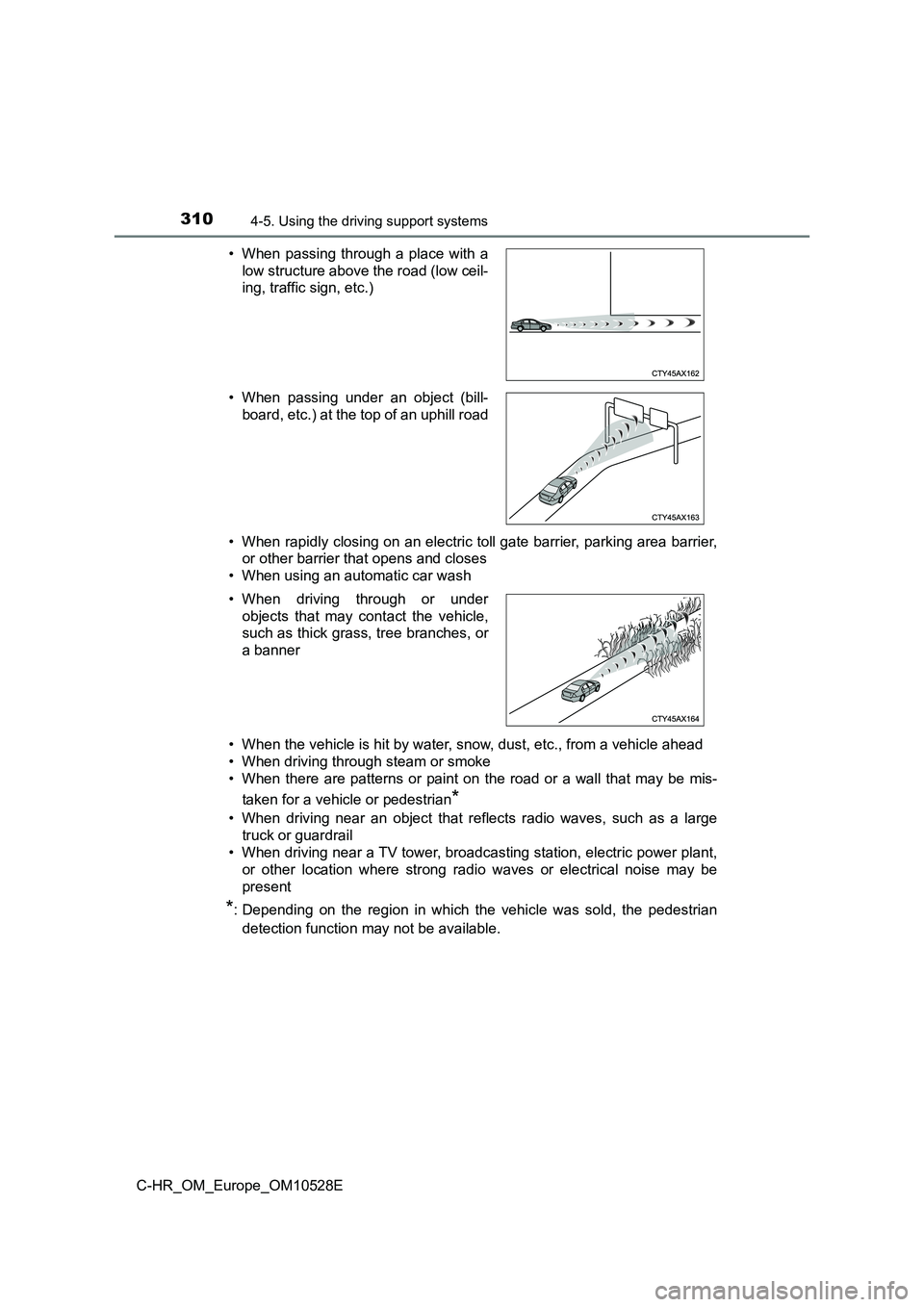 TOYOTA C-HR 2016  Owners Manual 3104-5. Using the driving support systems
C-HR_OM_Europe_OM10528E 
• When rapidly closing on an electric toll gate barrier, parking area barrier, 
or other barrier that opens and closes 
• When us