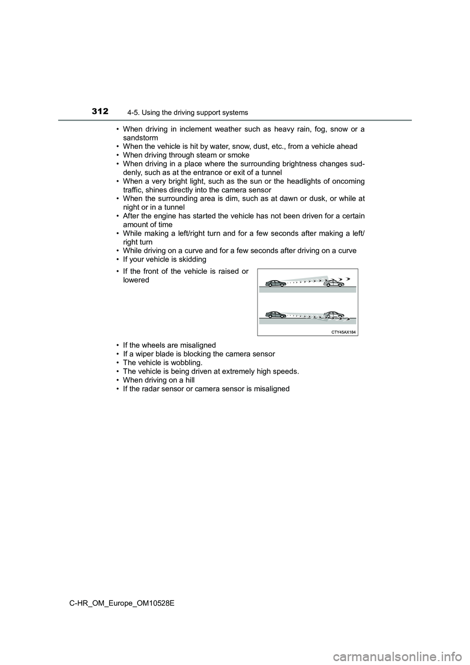 TOYOTA C-HR 2016 Owners Manual 3124-5. Using the driving support systems
C-HR_OM_Europe_OM10528E
• When driving in inclement weather such as heavy rain, fog, snow or a
sandstorm
• When the vehicle is hit by water, snow, dust TOYOTA C-HR 2016 Owners Manual 3124-5. Using the driving support systems
C-HR_OM_Europe_OM10528E
• When driving in inclement weather such as heavy rain, fog, snow or a
sandstorm
• When the vehicle is hit by water, snow, dust