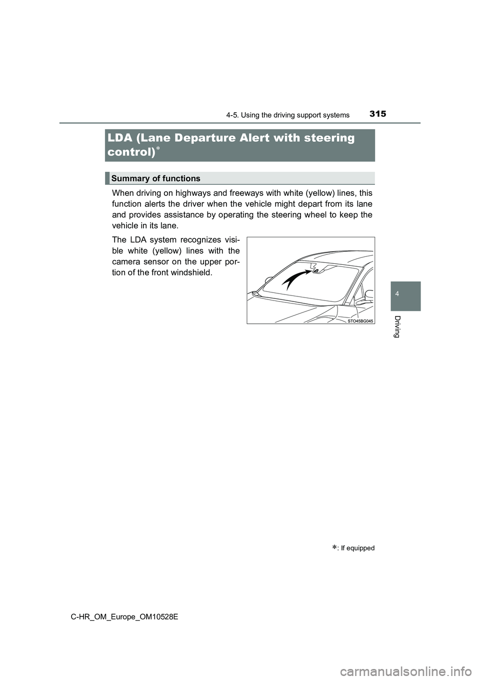TOYOTA C-HR 2016 Owners Manual 315
4
4-5. Using the driving support systems
Driving
C-HR_OM_Europe_OM10528E
LDA (Lane Departure Alert with steering
control)
When driving on highways and freeways with white (yellow) lines, this TOYOTA C-HR 2016 Owners Manual 315
4
4-5. Using the driving support systems
Driving
C-HR_OM_Europe_OM10528E
LDA (Lane Departure Alert with steering
control)
When driving on highways and freeways with white (yellow) lines, this