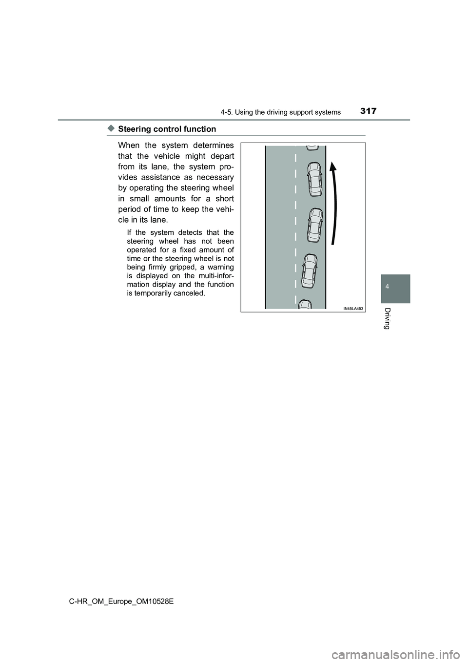 TOYOTA C-HR 2016 Owners Manual 3174-5. Using the driving support systems
4
Driving
C-HR_OM_Europe_OM10528E
◆Steering control function
When the system determines
that the vehicle might depart
from its lane, the system pro-
vid TOYOTA C-HR 2016 Owners Manual 3174-5. Using the driving support systems
4
Driving
C-HR_OM_Europe_OM10528E
◆Steering control function
When the system determines
that the vehicle might depart
from its lane, the system pro-
vid