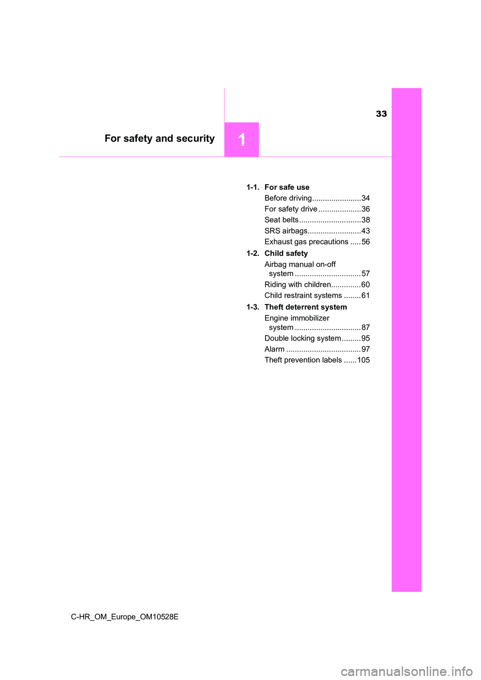 TOYOTA C-HR 2016 Owners Guide 33
1For safety and security
C-HR_OM_Europe_OM10528E
1-1. For safe use
Before driving....................... 34
For safety drive .................... 36
Seat belts ............................. 38 TOYOTA C-HR 2016 Owners Guide 33
1For safety and security
C-HR_OM_Europe_OM10528E
1-1. For safe use
Before driving....................... 34
For safety drive .................... 36
Seat belts ............................. 38