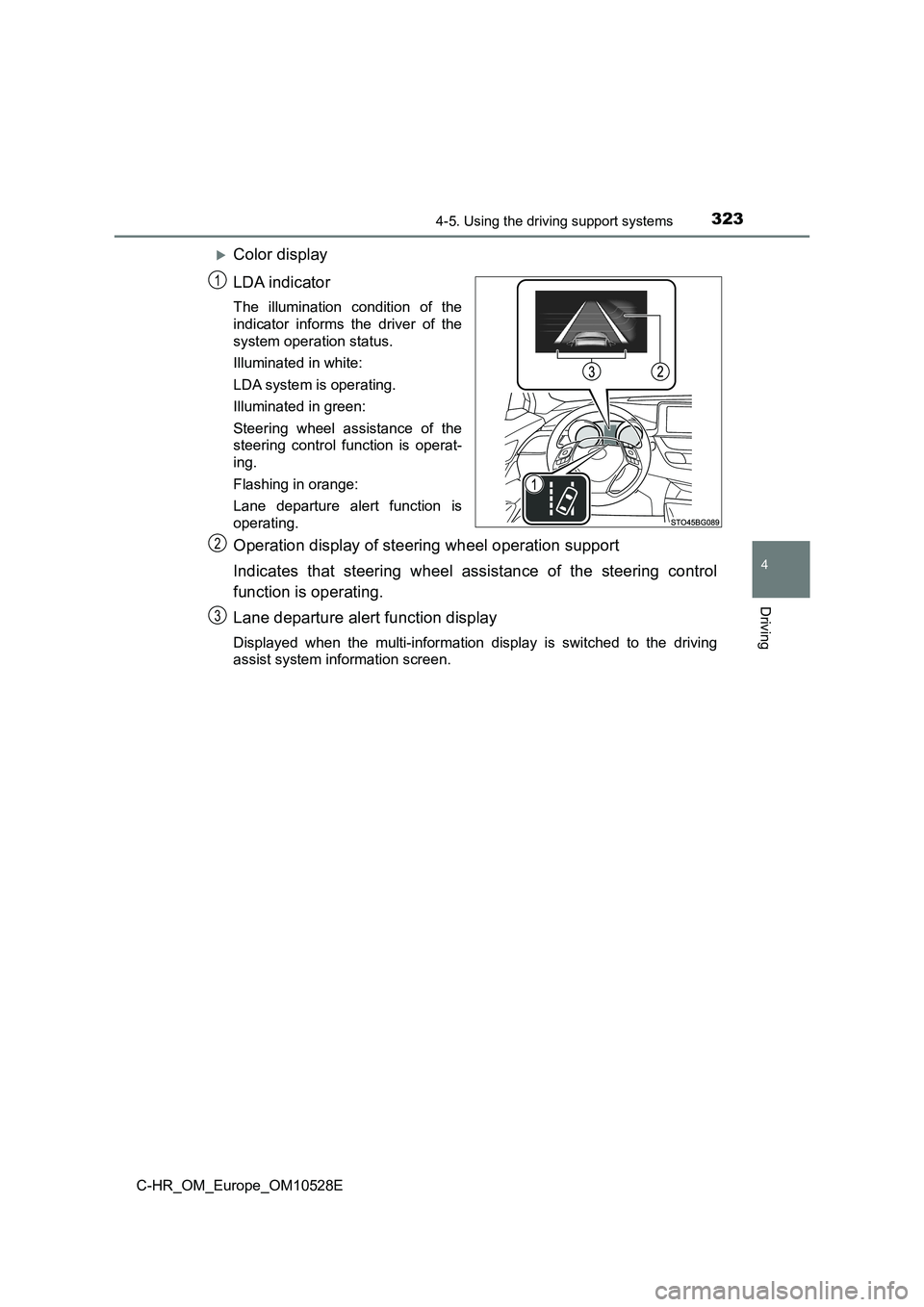 TOYOTA C-HR 2016 Owners Manual 3234-5. Using the driving support systems
4
Driving
C-HR_OM_Europe_OM10528E
Color display
LDA indicator
The illumination condition of the
indicator informs the driver of the
system operation stat TOYOTA C-HR 2016 Owners Manual 3234-5. Using the driving support systems
4
Driving
C-HR_OM_Europe_OM10528E
Color display
LDA indicator
The illumination condition of the
indicator informs the driver of the
system operation stat