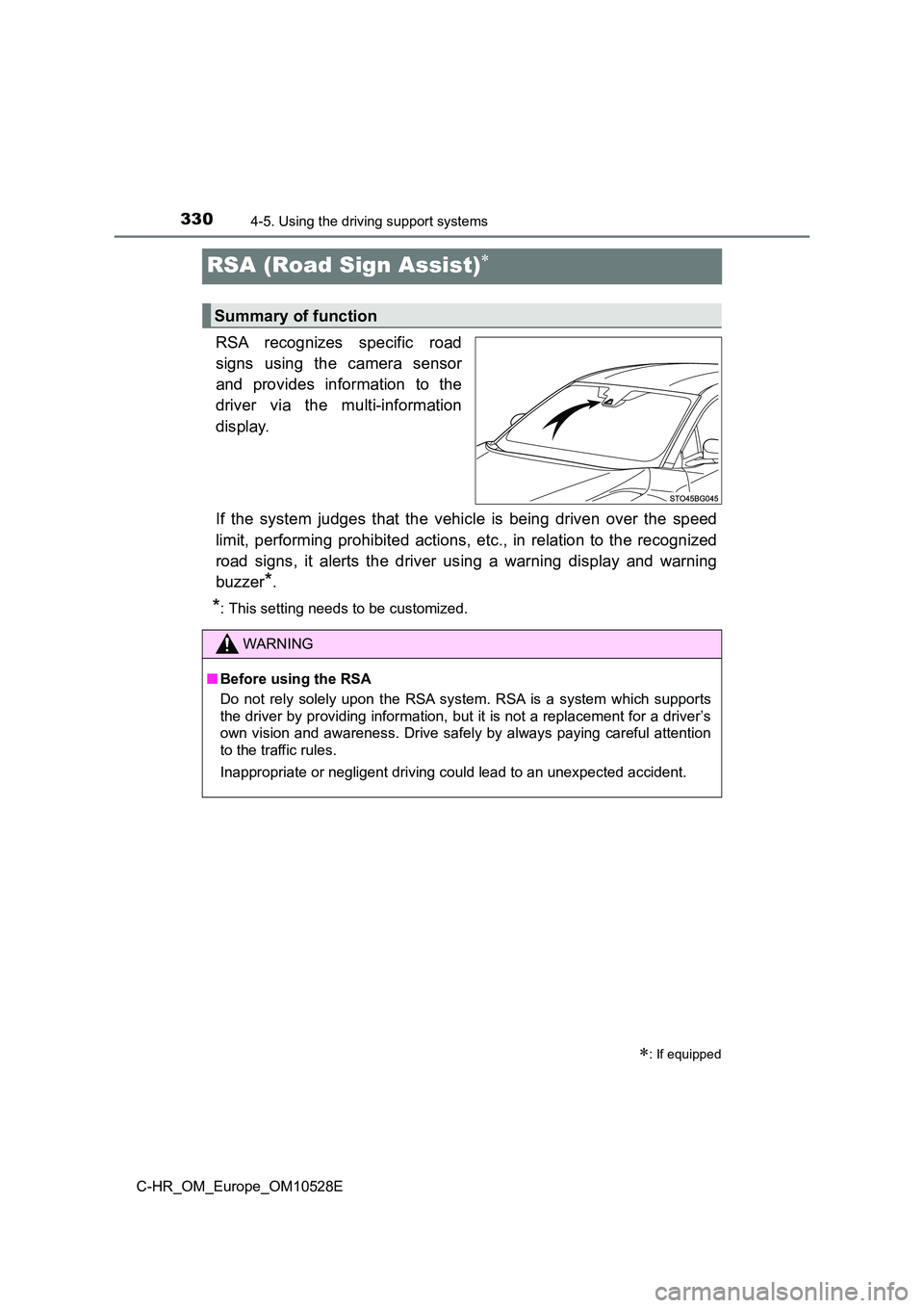 TOYOTA C-HR 2016 Owners Manual 3304-5. Using the driving support systems
C-HR_OM_Europe_OM10528E
RSA (Road Sign Assist)
RSA recognizes specific road
signs using the camera sensor
and provides information to the
driver via the TOYOTA C-HR 2016 Owners Manual 3304-5. Using the driving support systems
C-HR_OM_Europe_OM10528E
RSA (Road Sign Assist)
RSA recognizes specific road
signs using the camera sensor
and provides information to the
driver via the