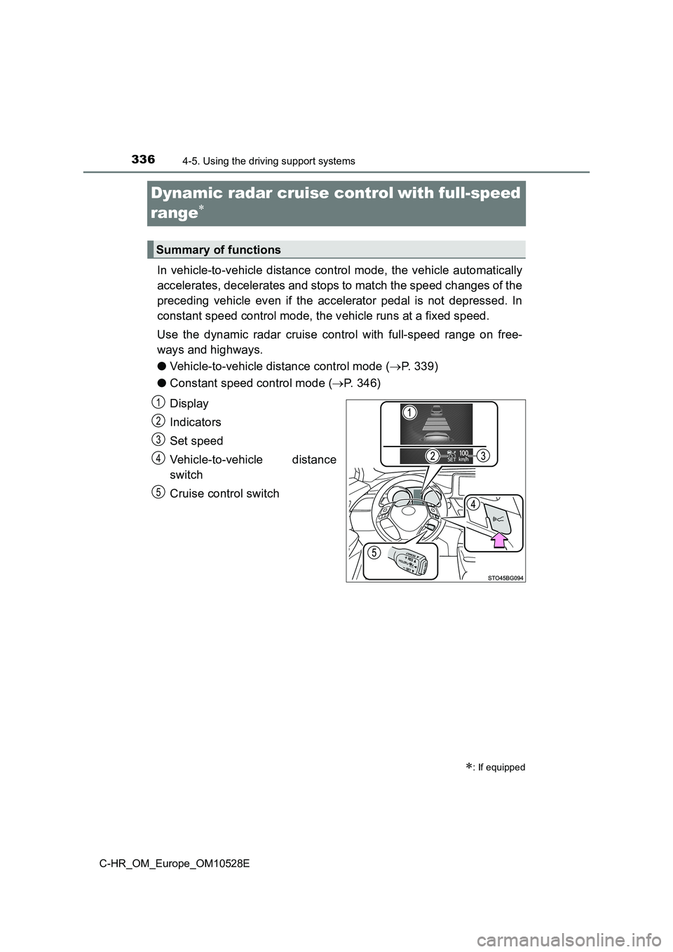 TOYOTA C-HR 2016 Owners Manual 3364-5. Using the driving support systems
C-HR_OM_Europe_OM10528E
Dynamic radar cruise controlwith full-speed
range
In vehicle-to-vehicle distance control mode, the vehicle automatically
a TOYOTA C-HR 2016 Owners Manual 3364-5. Using the driving support systems
C-HR_OM_Europe_OM10528E
Dynamic radar cruise controlwith full-speed
range
In vehicle-to-vehicle distance control mode, the vehicle automatically
a