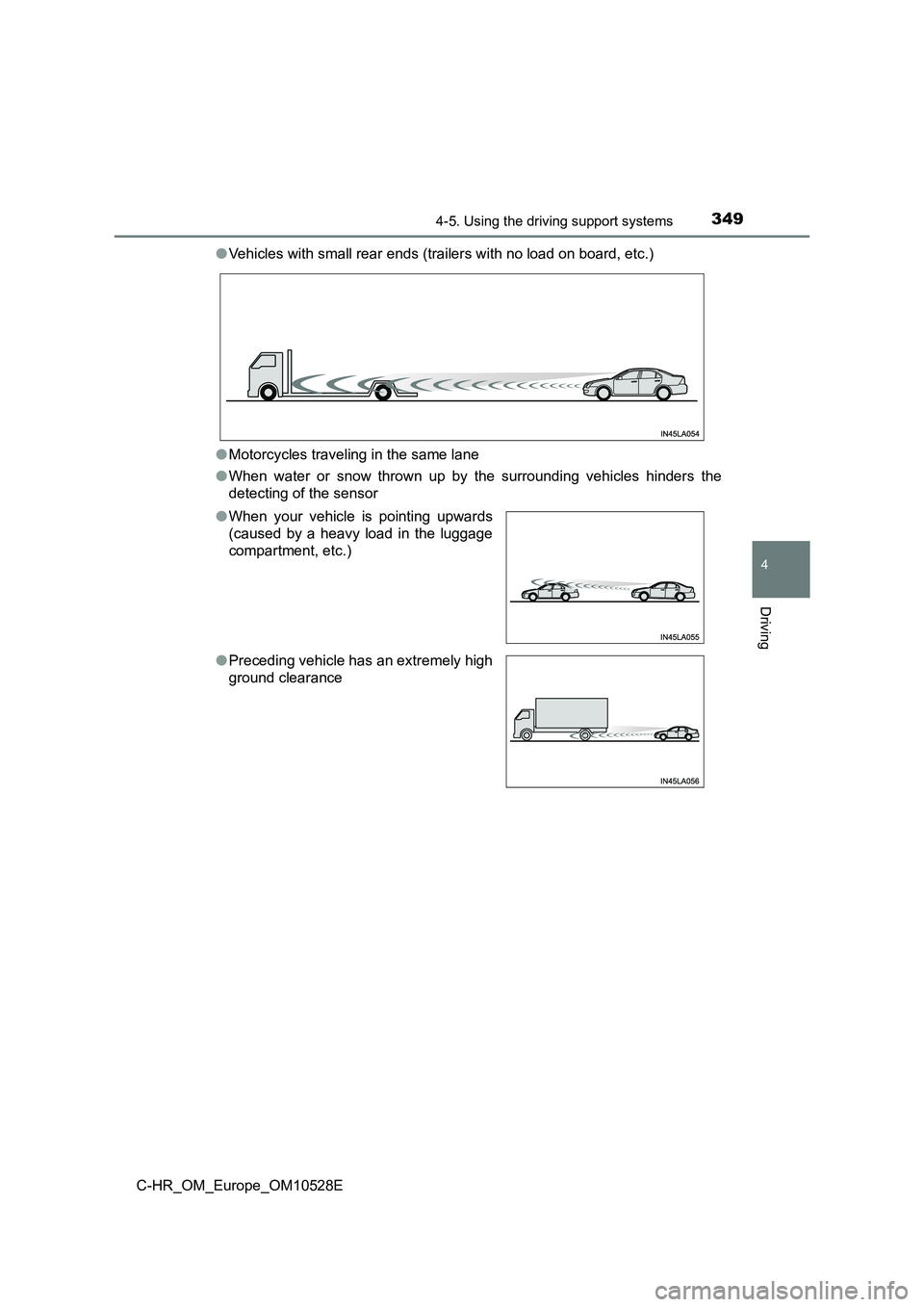 TOYOTA C-HR 2017 Service Manual 3494-5. Using the driving support systems
4
Driving
C-HR_OM_Europe_OM10528E
● Vehicles with small rear ends (trailers with no load on board, etc.)
● Motorcycles traveling in the same lane
● W TOYOTA C-HR 2017 Service Manual 3494-5. Using the driving support systems
4
Driving
C-HR_OM_Europe_OM10528E
● Vehicles with small rear ends (trailers with no load on board, etc.)
● Motorcycles traveling in the same lane
● W