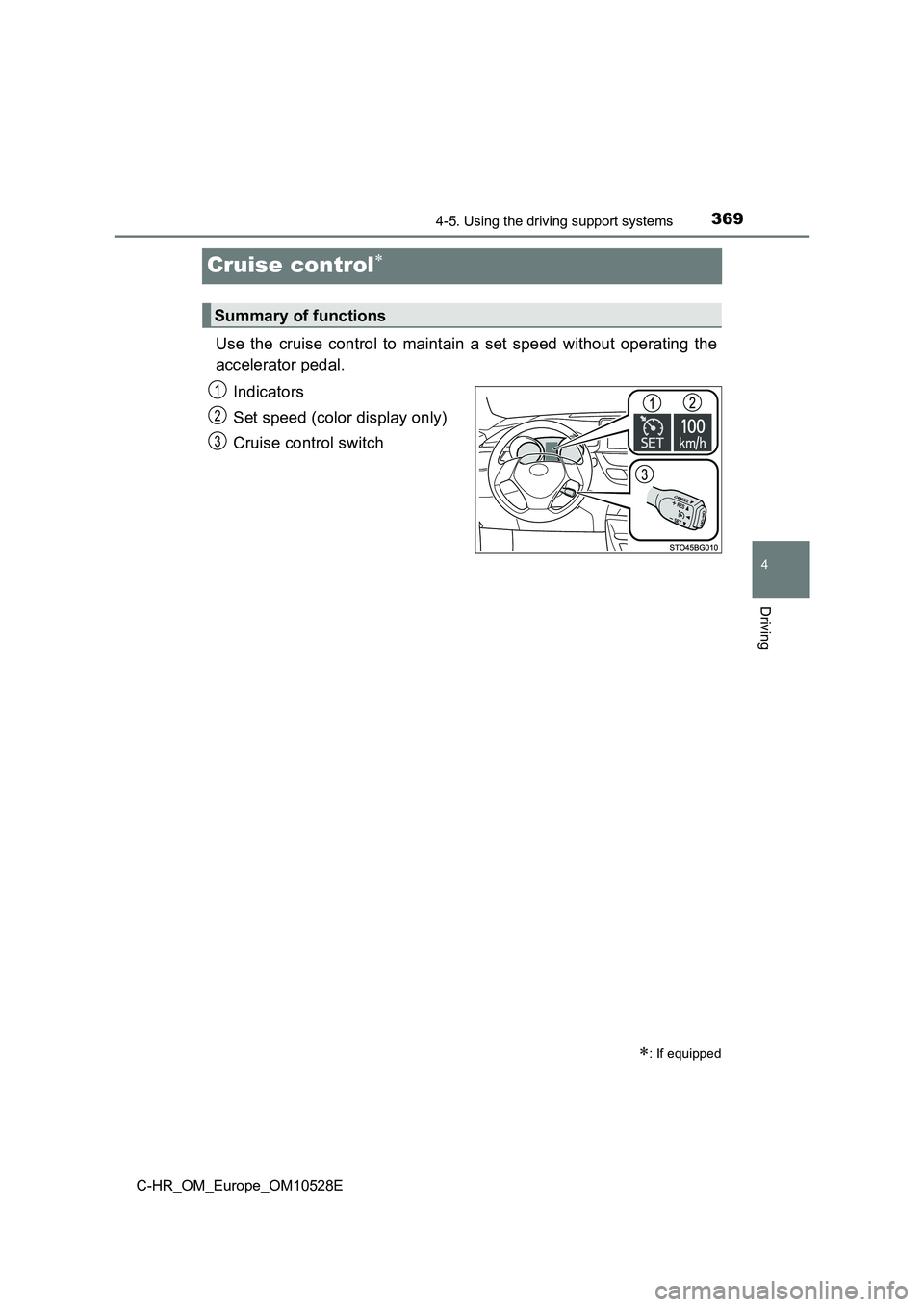 TOYOTA C-HR 2016 Owners Manual 369
4
4-5. Using the driving support systems
Driving
C-HR_OM_Europe_OM10528E
Cruise control
Use the cruise control to maintain a set speed without operating the
accelerator pedal.
Indicators
Se TOYOTA C-HR 2016 Owners Manual 369
4
4-5. Using the driving support systems
Driving
C-HR_OM_Europe_OM10528E
Cruise control
Use the cruise control to maintain a set speed without operating the
accelerator pedal.
Indicators
Se