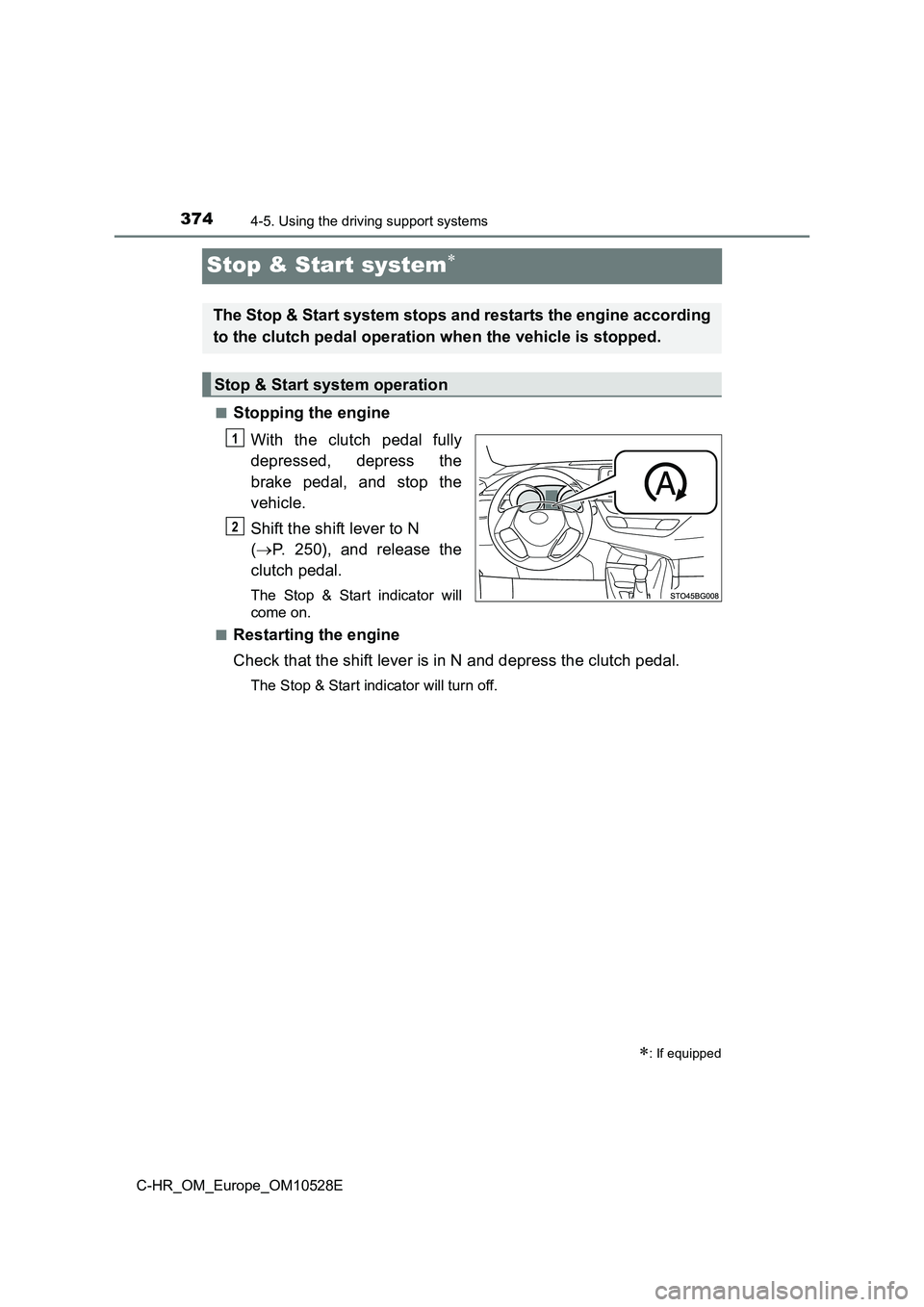 TOYOTA C-HR 2016 Owners Manual 3744-5. Using the driving support systems
C-HR_OM_Europe_OM10528E
Stop & Start system
■Stopping the engine 
With the clutch pedal fully 
depressed, depress the 
brake pedal, and stop the 
vehicle
