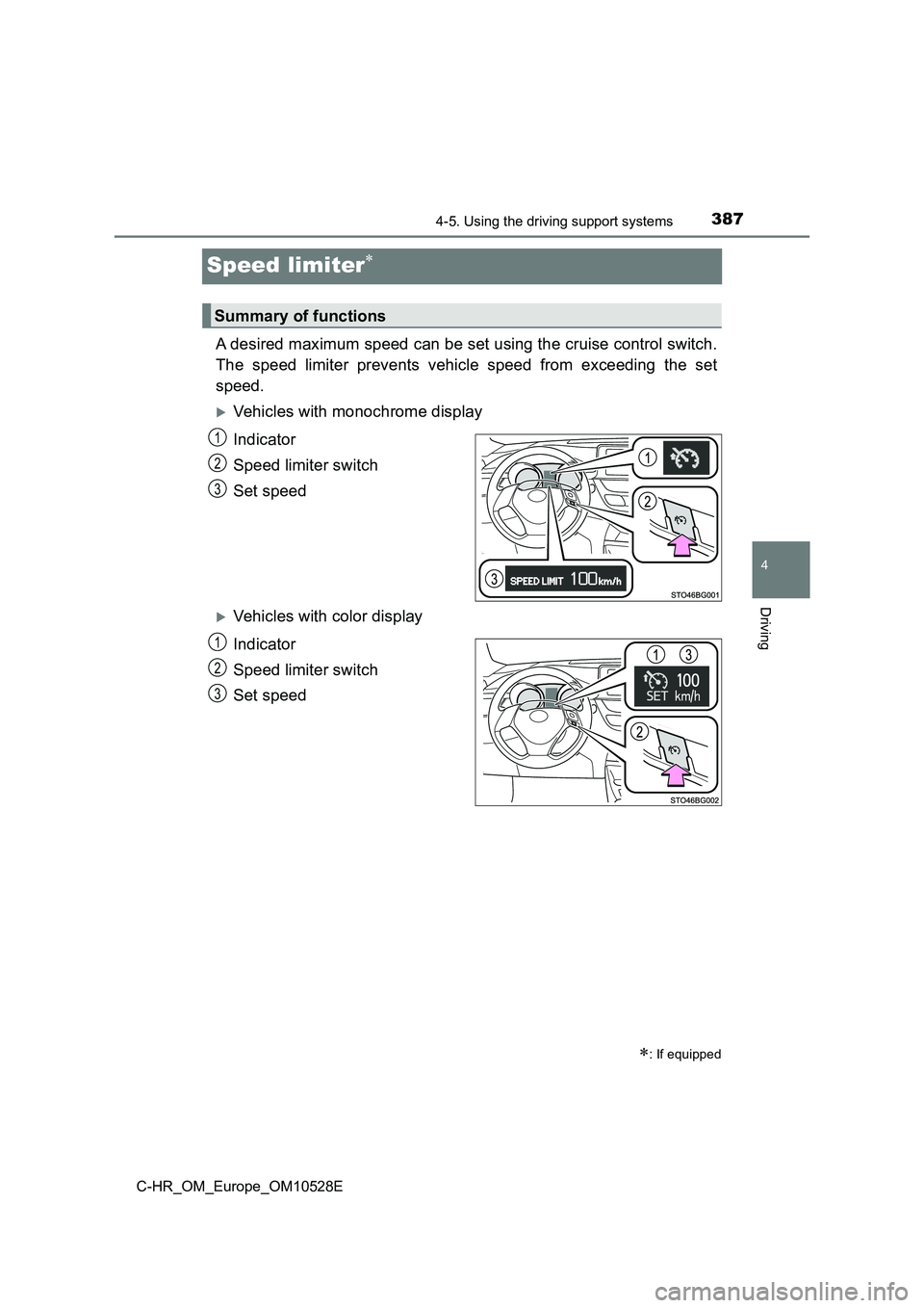 TOYOTA C-HR 2016 Owners Manual 387
4
4-5. Using the driving support systems
Driving
C-HR_OM_Europe_OM10528E
Speed limiter
A desired maximum speed can be set using the cruise control switch.
The speed limiter prevents vehicle sp TOYOTA C-HR 2016 Owners Manual 387
4
4-5. Using the driving support systems
Driving
C-HR_OM_Europe_OM10528E
Speed limiter
A desired maximum speed can be set using the cruise control switch.
The speed limiter prevents vehicle sp