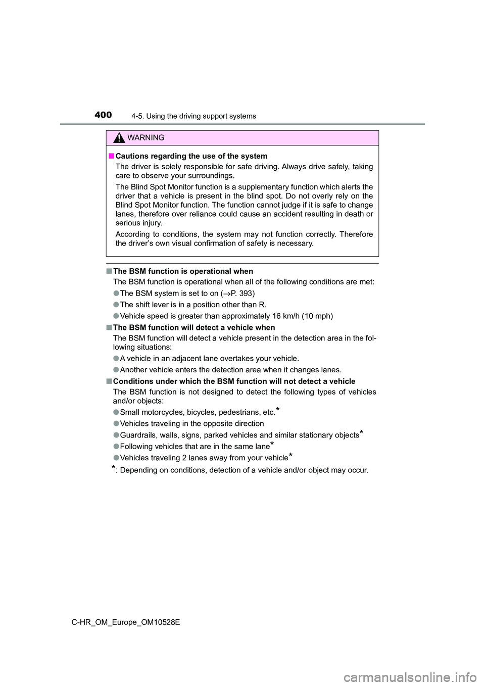 TOYOTA C-HR 2016 Owners Manual 4004-5. Using the driving support systems
C-HR_OM_Europe_OM10528E
■The BSM function is operational when
The BSM function is operational when all of the following conditions are met:
● The BSM s TOYOTA C-HR 2016 Owners Manual 4004-5. Using the driving support systems
C-HR_OM_Europe_OM10528E
■The BSM function is operational when
The BSM function is operational when all of the following conditions are met:
● The BSM s