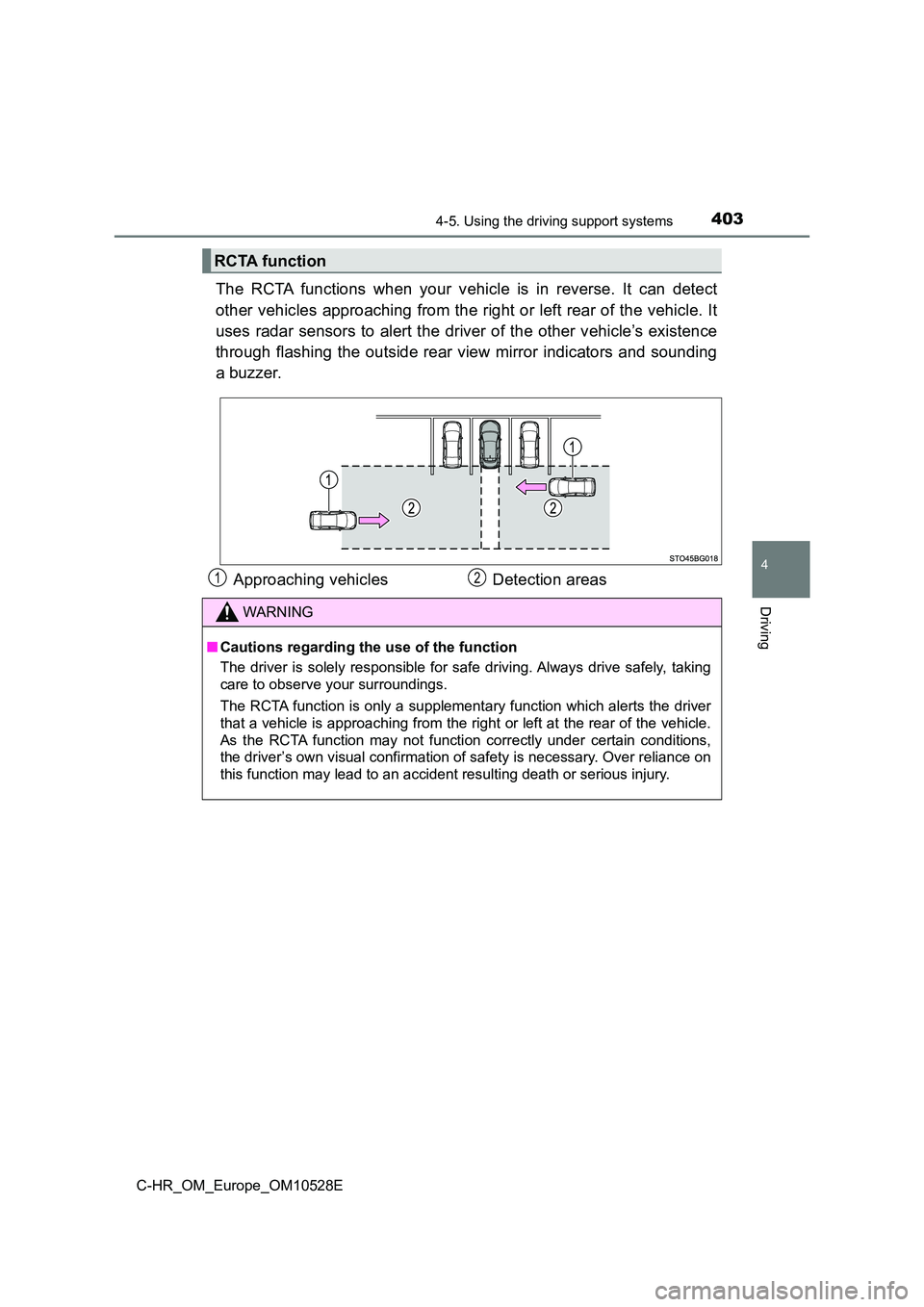 TOYOTA C-HR 2016 Owners Manual 4034-5. Using the driving support systems
4
Driving
C-HR_OM_Europe_OM10528E
The RCTA functions when your vehicle is in reverse. It can detect
other vehicles approaching from the right or left rear of TOYOTA C-HR 2016 Owners Manual 4034-5. Using the driving support systems
4
Driving
C-HR_OM_Europe_OM10528E
The RCTA functions when your vehicle is in reverse. It can detect
other vehicles approaching from the right or left rear of