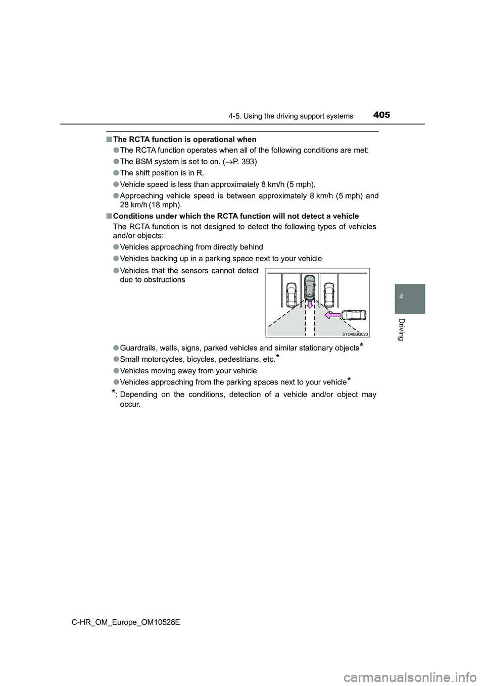 TOYOTA C-HR 2016 Owners Manual 4054-5. Using the driving support systems
4
Driving
C-HR_OM_Europe_OM10528E
■The RCTA function is operational when
● The RCTA function operates when all of the following conditions are met:
● TOYOTA C-HR 2016 Owners Manual 4054-5. Using the driving support systems
4
Driving
C-HR_OM_Europe_OM10528E
■The RCTA function is operational when
● The RCTA function operates when all of the following conditions are met:
●
