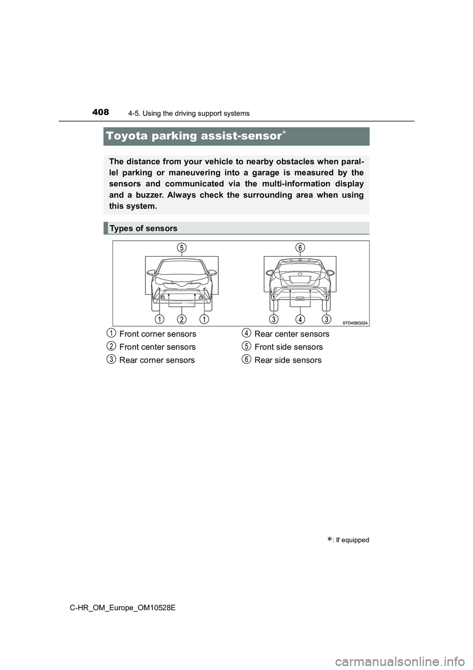 TOYOTA C-HR 2016 Owners Manual 4084-5. Using the driving support systems
C-HR_OM_Europe_OM10528E
Toyota parking assist-sensor
: If equipped
The distance from your vehicle to nearby obstacles when paral-
lel parking or maneuv TOYOTA C-HR 2016 Owners Manual 4084-5. Using the driving support systems
C-HR_OM_Europe_OM10528E
Toyota parking assist-sensor
: If equipped
The distance from your vehicle to nearby obstacles when paral-
lel parking or maneuv