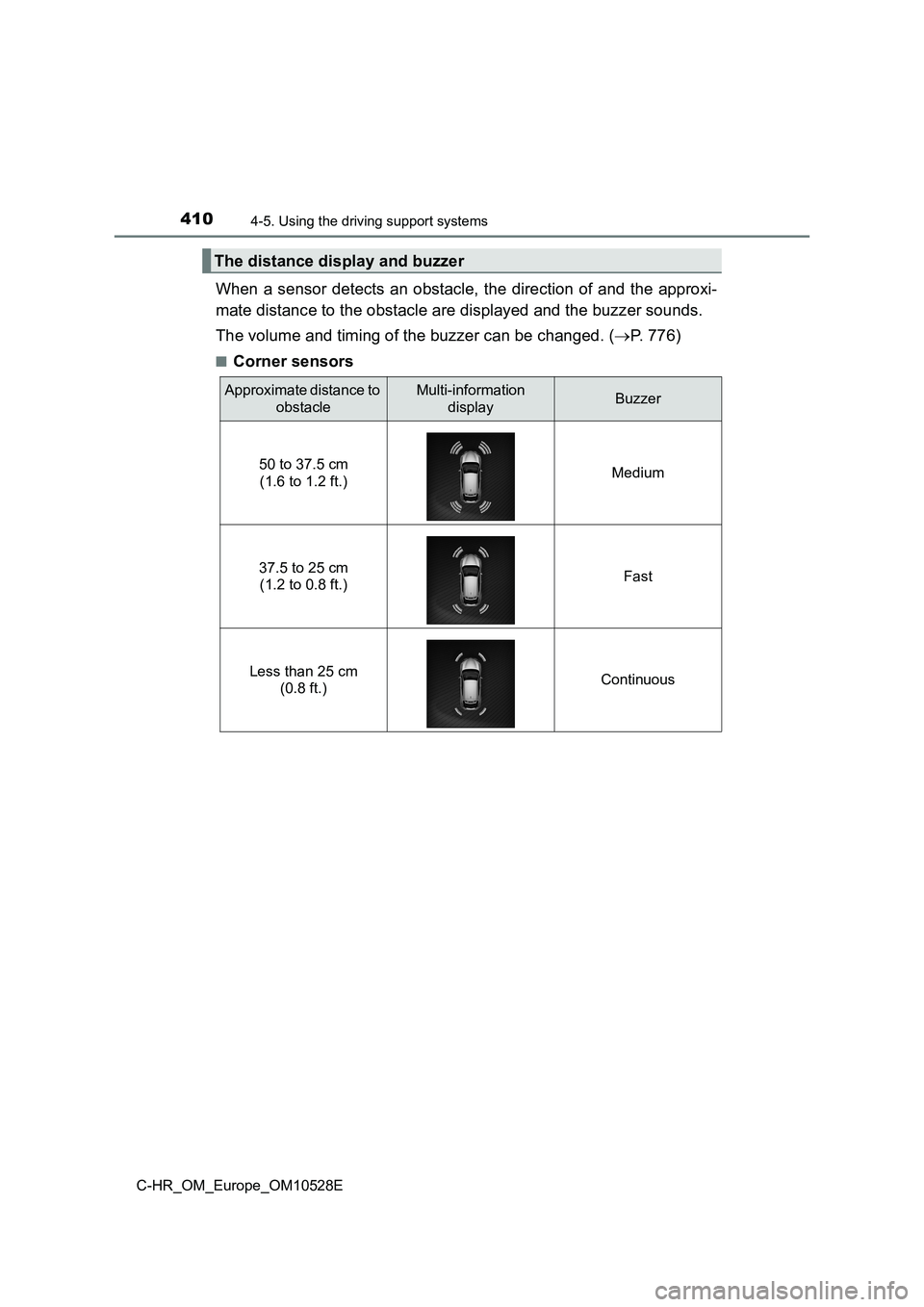 TOYOTA C-HR 2016 Owners Manual 4104-5. Using the driving support systems
C-HR_OM_Europe_OM10528E
When a sensor detects an obstacle, the direction of and the approxi-
mate distance to the obstacle are displayed and the buzzer sound TOYOTA C-HR 2016 Owners Manual 4104-5. Using the driving support systems
C-HR_OM_Europe_OM10528E
When a sensor detects an obstacle, the direction of and the approxi-
mate distance to the obstacle are displayed and the buzzer sound