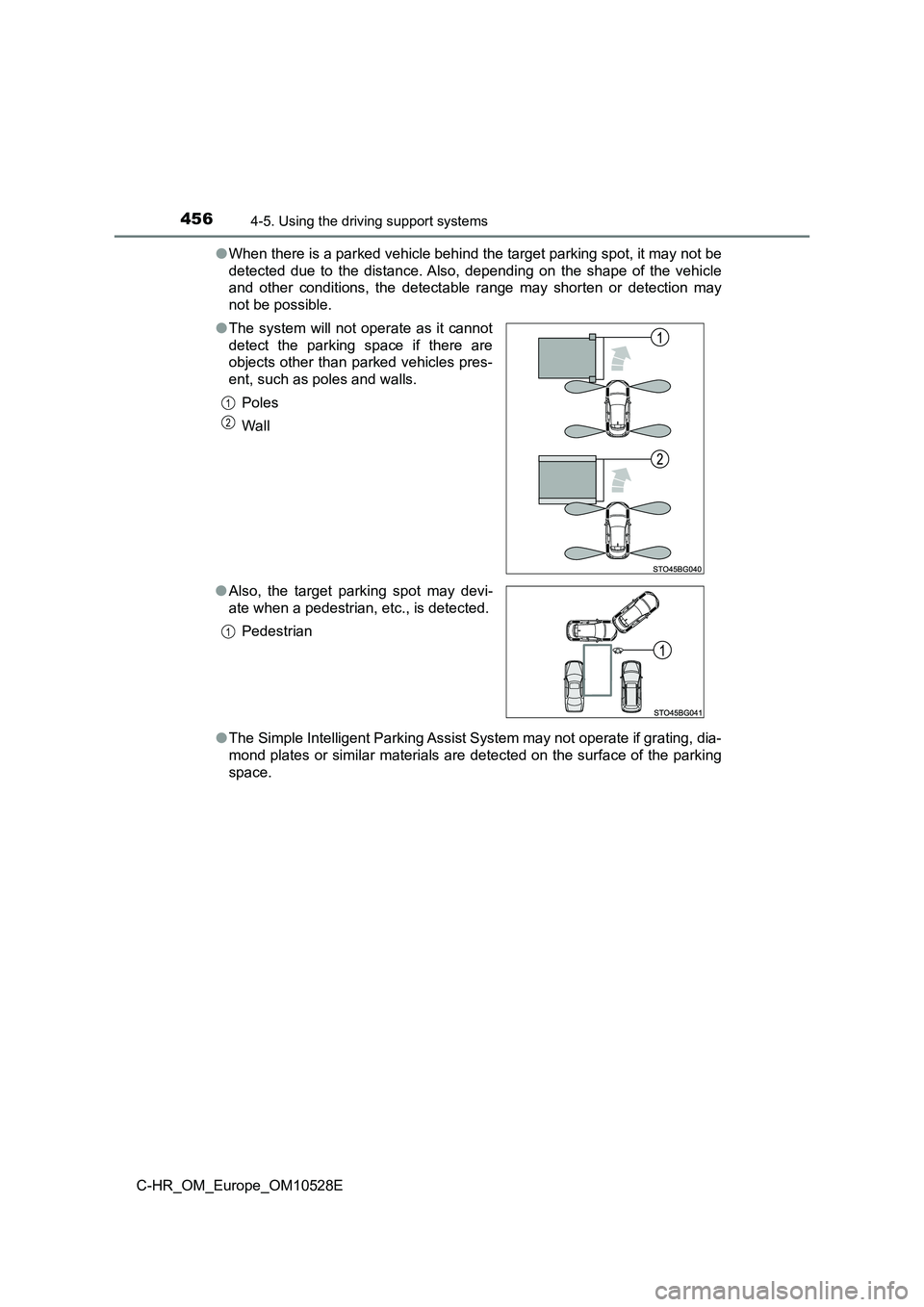 TOYOTA C-HR 2016 Owners Manual 4564-5. Using the driving support systems
C-HR_OM_Europe_OM10528E
● When there is a parked vehicle behind the target parking spot, it may not be
detected due to the distance. Also, depending on th TOYOTA C-HR 2016 Owners Manual 4564-5. Using the driving support systems
C-HR_OM_Europe_OM10528E
● When there is a parked vehicle behind the target parking spot, it may not be
detected due to the distance. Also, depending on th