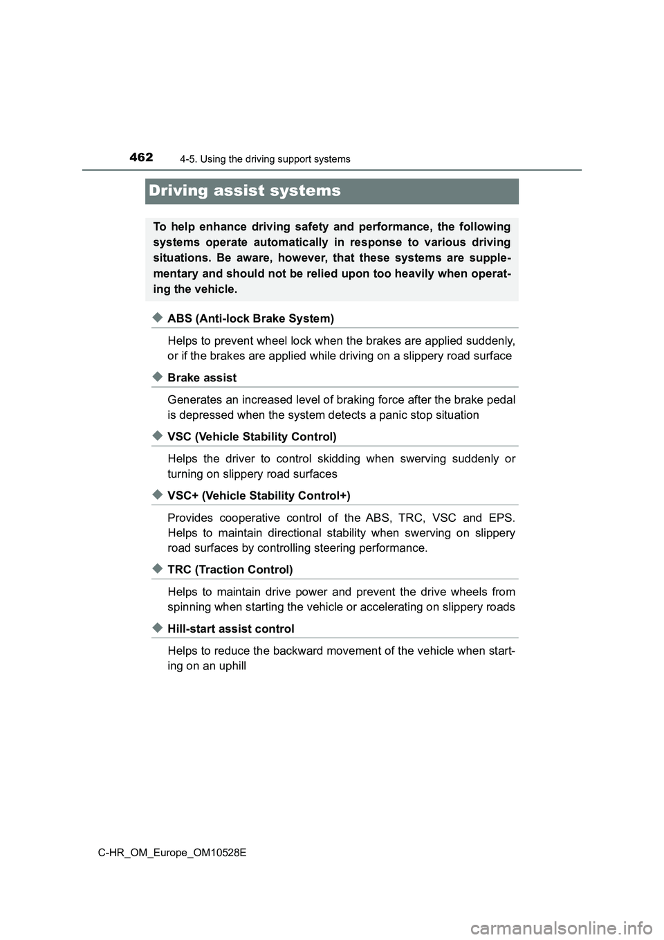 TOYOTA C-HR 2016 Owners Manual 4624-5. Using the driving support systems
C-HR_OM_Europe_OM10528E
Driving assist systems
◆ABS (Anti-lock Brake System)
Helps to prevent wheel lock when the brakes are applied suddenly,
or if the b TOYOTA C-HR 2016 Owners Manual 4624-5. Using the driving support systems
C-HR_OM_Europe_OM10528E
Driving assist systems
◆ABS (Anti-lock Brake System)
Helps to prevent wheel lock when the brakes are applied suddenly,
or if the b