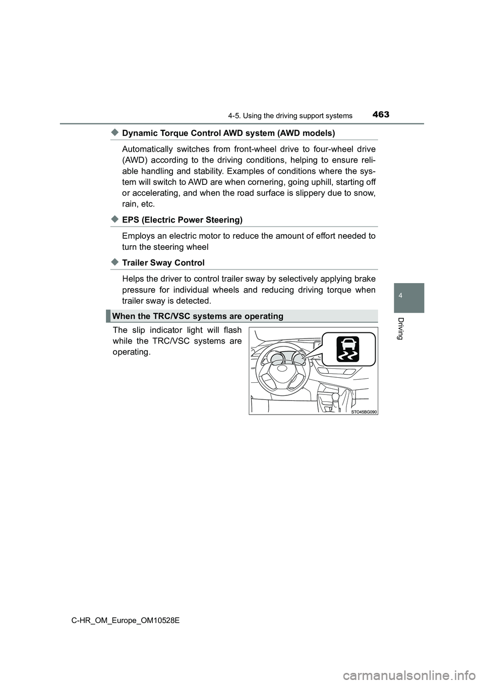 TOYOTA C-HR 2016 Owners Manual 4634-5. Using the driving support systems
4
Driving
C-HR_OM_Europe_OM10528E
◆Dynamic Torque Control AWD system (AWD models)
Automatically switches from front-wheel drive to four-wheel drive
(AWD) TOYOTA C-HR 2016 Owners Manual 4634-5. Using the driving support systems
4
Driving
C-HR_OM_Europe_OM10528E
◆Dynamic Torque Control AWD system (AWD models)
Automatically switches from front-wheel drive to four-wheel drive
(AWD)