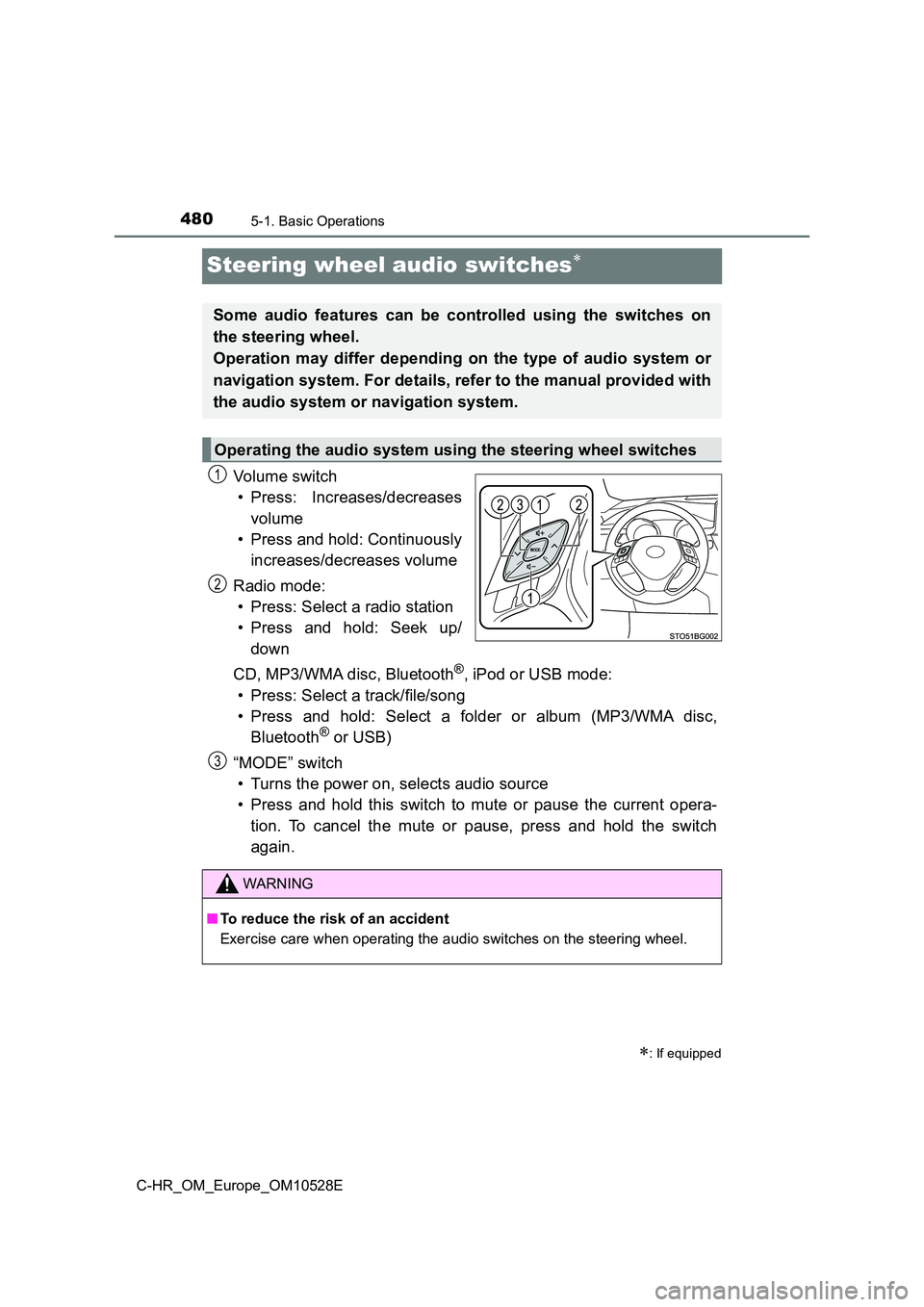 TOYOTA C-HR 2016 Owners Manual 4805-1. Basic Operations
C-HR_OM_Europe_OM10528E
Steering wheel audio switches
Vo lu m e swi tc h
• Press: Increases/decreases
volume
• Press and hold: Continuously
increases/decreases volu TOYOTA C-HR 2016 Owners Manual 4805-1. Basic Operations
C-HR_OM_Europe_OM10528E
Steering wheel audio switches
Vo lu m e swi tc h
• Press: Increases/decreases
volume
• Press and hold: Continuously
increases/decreases volu