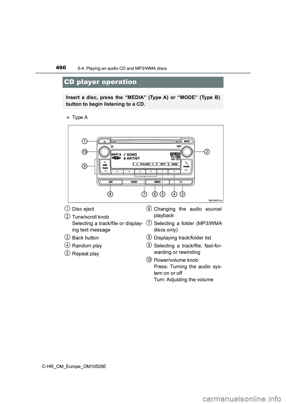 TOYOTA C-HR 2016  Owners Manual 4905-4. Playing an audio CD and MP3/WMA discs
C-HR_OM_Europe_OM10528E
CD player operation
Ty pe  A
Insert a disc, press the “MEDIA” (Type A) or “MODE” (Type B) 
button to begin listening to