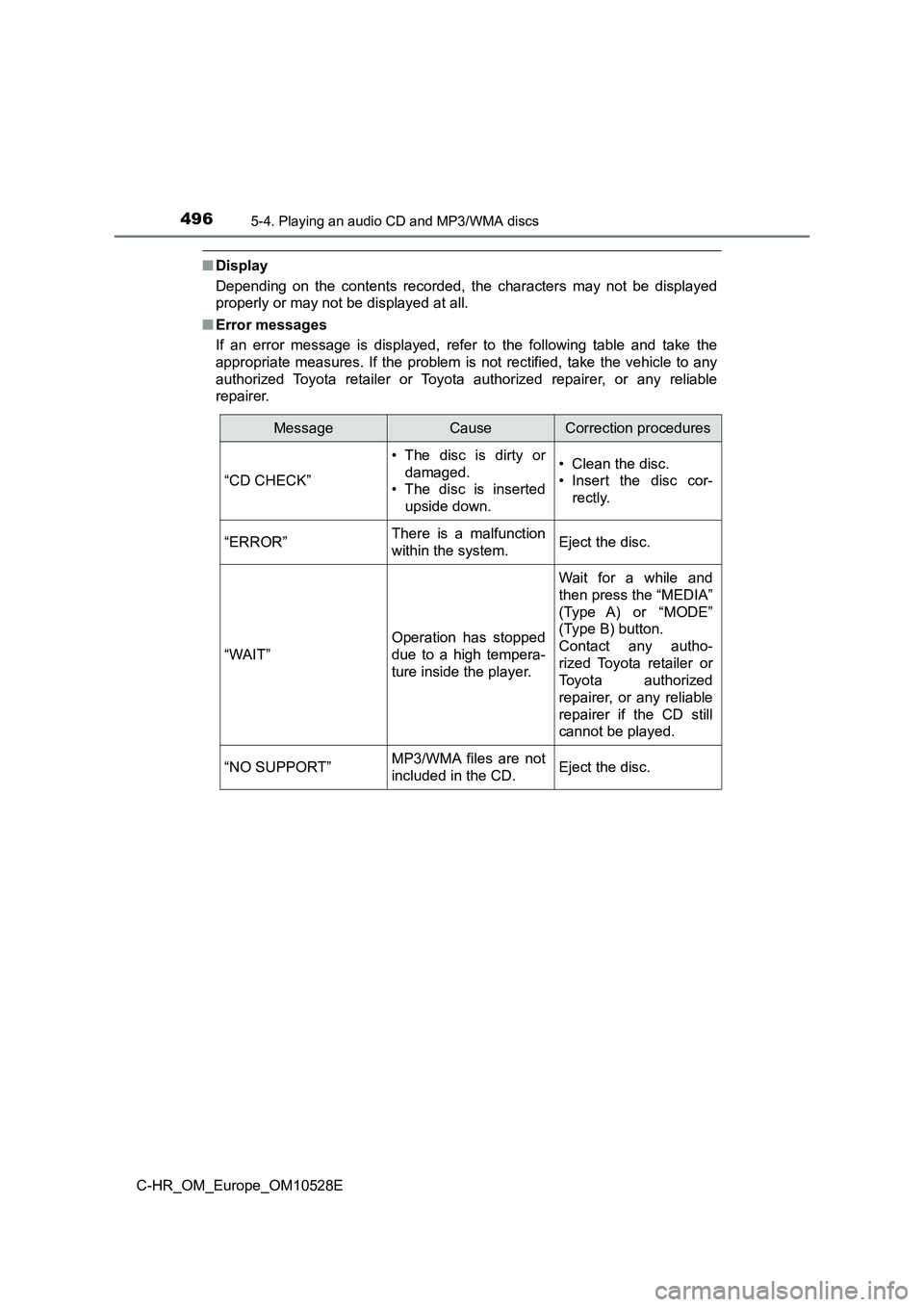 TOYOTA C-HR 2016 Owners Manual 4965-4. Playing an audio CD and MP3/WMA discs
C-HR_OM_Europe_OM10528E
■Display
Depending on the contents recorded, the characters may not be displayed
properly or may not be displayed at all.
■ TOYOTA C-HR 2016 Owners Manual 4965-4. Playing an audio CD and MP3/WMA discs
C-HR_OM_Europe_OM10528E
■Display
Depending on the contents recorded, the characters may not be displayed
properly or may not be displayed at all.
■