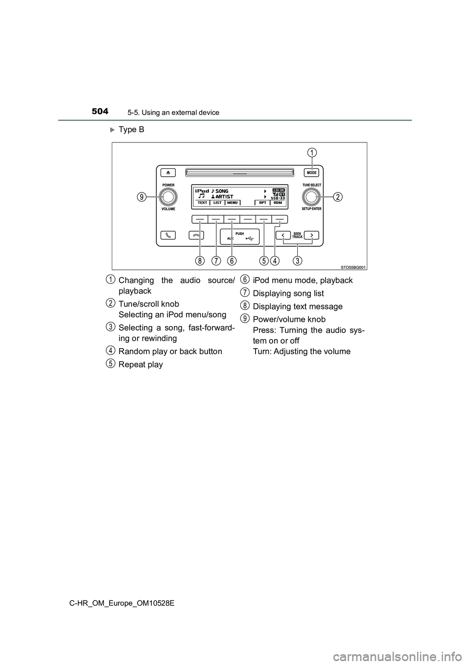 TOYOTA C-HR 2016 Owners Manual 5045-5. Using an external device
C-HR_OM_Europe_OM10528E
Ty pe B
Changing the audio source/
playback
Tune/scroll knob
Selecting an iPod menu/song
Selecting a song, fast-forward-
ing or rewind TOYOTA C-HR 2016 Owners Manual 5045-5. Using an external device
C-HR_OM_Europe_OM10528E
Ty pe B
Changing the audio source/
playback
Tune/scroll knob
Selecting an iPod menu/song
Selecting a song, fast-forward-
ing or rewind