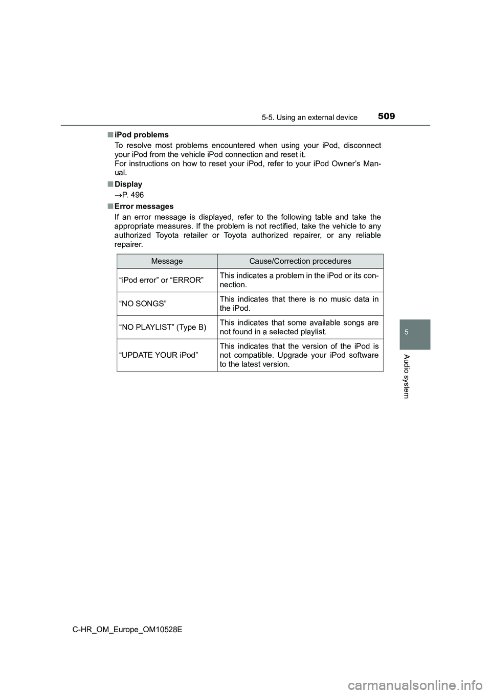 TOYOTA C-HR 2016 Owners Manual 5095-5. Using an external device
5
Audio system
C-HR_OM_Europe_OM10528E
■ iPod problems
To resolve most problems encountered when using your iPod, disconnect
your iPod from the vehicle iPod conne TOYOTA C-HR 2016 Owners Manual 5095-5. Using an external device
5
Audio system
C-HR_OM_Europe_OM10528E
■ iPod problems
To resolve most problems encountered when using your iPod, disconnect
your iPod from the vehicle iPod conne