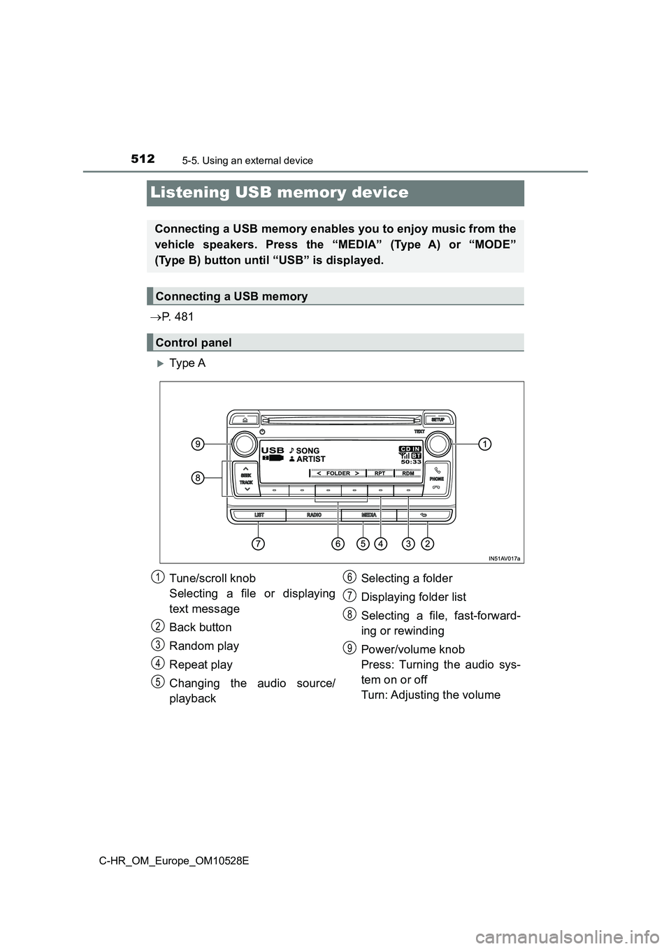 TOYOTA C-HR 2016 Owners Manual 5125-5. Using an external device
C-HR_OM_Europe_OM10528E
Listening USB memory device
P. 4 8 1
Ty pe A
Connecting a USB memory enables you to enjoy music from the
vehicle speakers. Press the TOYOTA C-HR 2016 Owners Manual 5125-5. Using an external device
C-HR_OM_Europe_OM10528E
Listening USB memory device
P. 4 8 1
Ty pe A
Connecting a USB memory enables you to enjoy music from the
vehicle speakers. Press the