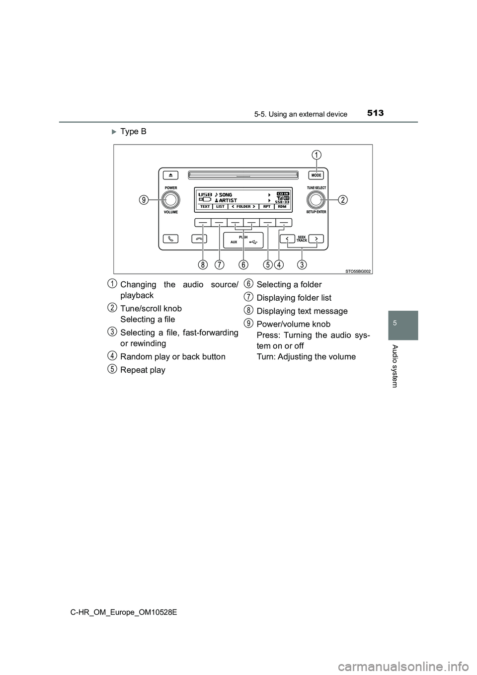 TOYOTA C-HR 2016 Owners Manual 5135-5. Using an external device
5
Audio system
C-HR_OM_Europe_OM10528E
Ty pe B
Changing the audio source/
playback
Tune/scroll knob
Selecting a file
Selecting a file, fast-forwarding
or rewi TOYOTA C-HR 2016 Owners Manual 5135-5. Using an external device
5
Audio system
C-HR_OM_Europe_OM10528E
Ty pe B
Changing the audio source/
playback
Tune/scroll knob
Selecting a file
Selecting a file, fast-forwarding
or rewi