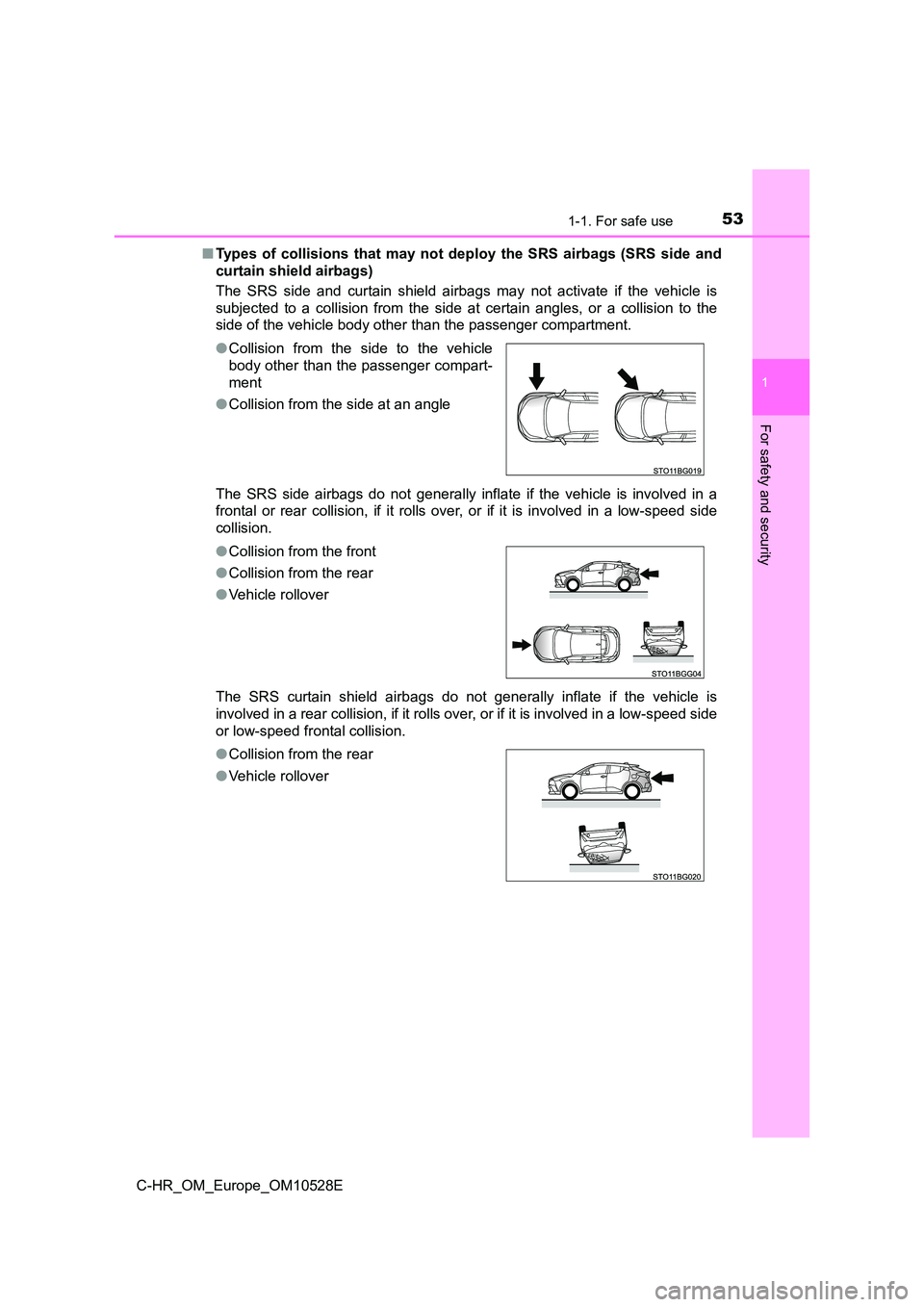 TOYOTA C-HR 2016 Workshop Manual 531-1. For safe use
1
For safety and security
C-HR_OM_Europe_OM10528E 
■ Types of collisions that may not deploy the SRS airbags (SRS side and 
curtain shield airbags) 
The SRS side and curtain shie