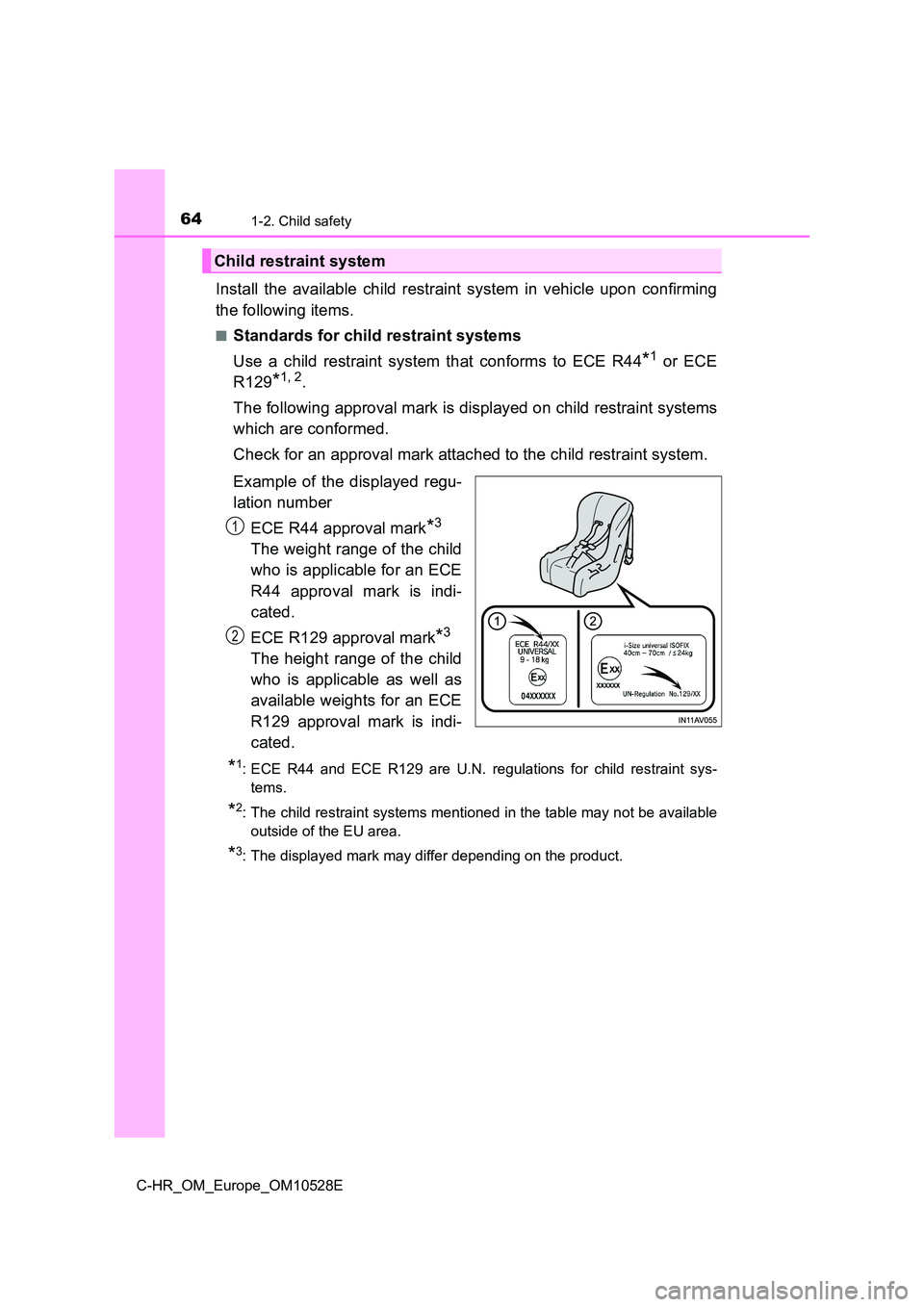 TOYOTA C-HR 2016 Repair Manual 641-2. Child safety
C-HR_OM_Europe_OM10528E
Install the available child restraint system in vehicle upon confirming
the following items.
■Standards for child restraint systems
Use a child restrain TOYOTA C-HR 2016 Repair Manual 641-2. Child safety
C-HR_OM_Europe_OM10528E
Install the available child restraint system in vehicle upon confirming
the following items.
■Standards for child restraint systems
Use a child restrain