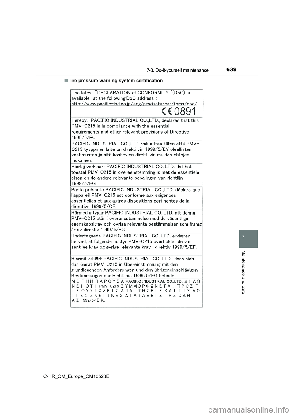 TOYOTA C-HR 2016 Owners Manual 6397-3. Do-it-yourself maintenance
7
Maintenance and care
C-HR_OM_Europe_OM10528E
■ Tire pressure warning system certification TOYOTA C-HR 2016 Owners Manual 6397-3. Do-it-yourself maintenance
7
Maintenance and care
C-HR_OM_Europe_OM10528E
■ Tire pressure warning system certification