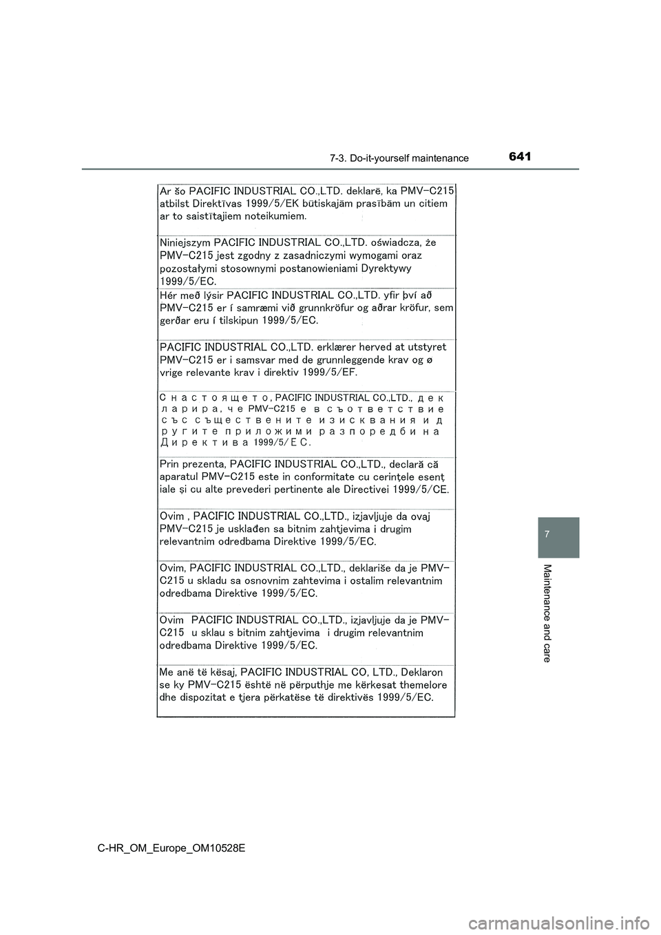TOYOTA C-HR 2016 Owners Manual 6417-3. Do-it-yourself maintenance
7
Maintenance and care
C-HR_OM_Europe_OM10528E TOYOTA C-HR 2016 Owners Manual 6417-3. Do-it-yourself maintenance
7
Maintenance and care
C-HR_OM_Europe_OM10528E