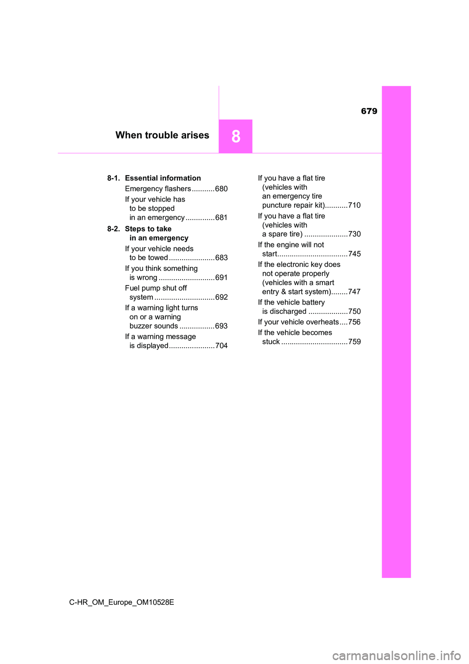 TOYOTA C-HR 2016 Owners Manual 679
8When trouble arises
C-HR_OM_Europe_OM10528E
8-1. Essential information
Emergency flashers ........... 680
If your vehicle has
to be stopped
in an emergency .............. 681
8-2. Steps t TOYOTA C-HR 2016 Owners Manual 679
8When trouble arises
C-HR_OM_Europe_OM10528E
8-1. Essential information
Emergency flashers ........... 680
If your vehicle has
to be stopped
in an emergency .............. 681
8-2. Steps t