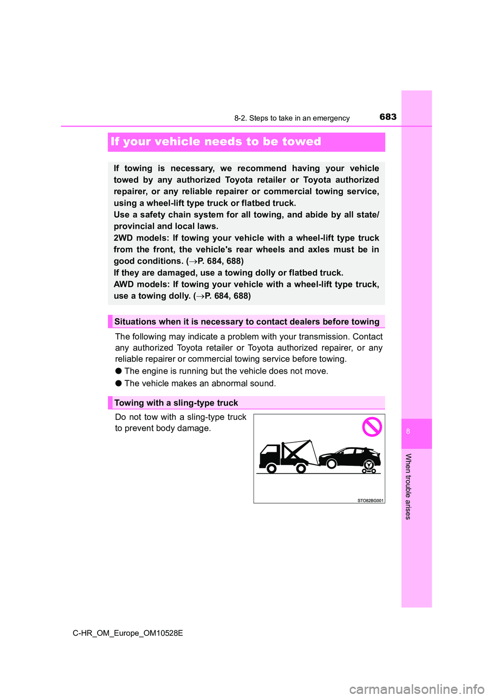 TOYOTA C-HR 2016 Owners Manual 6838-2. Steps to take in an emergency
8
When trouble arises
C-HR_OM_Europe_OM10528E
If your vehicle needs to be towed
The following may indicate a problem with your transmission. Contact
any authoriz TOYOTA C-HR 2016 Owners Manual 6838-2. Steps to take in an emergency
8
When trouble arises
C-HR_OM_Europe_OM10528E
If your vehicle needs to be towed
The following may indicate a problem with your transmission. Contact
any authoriz