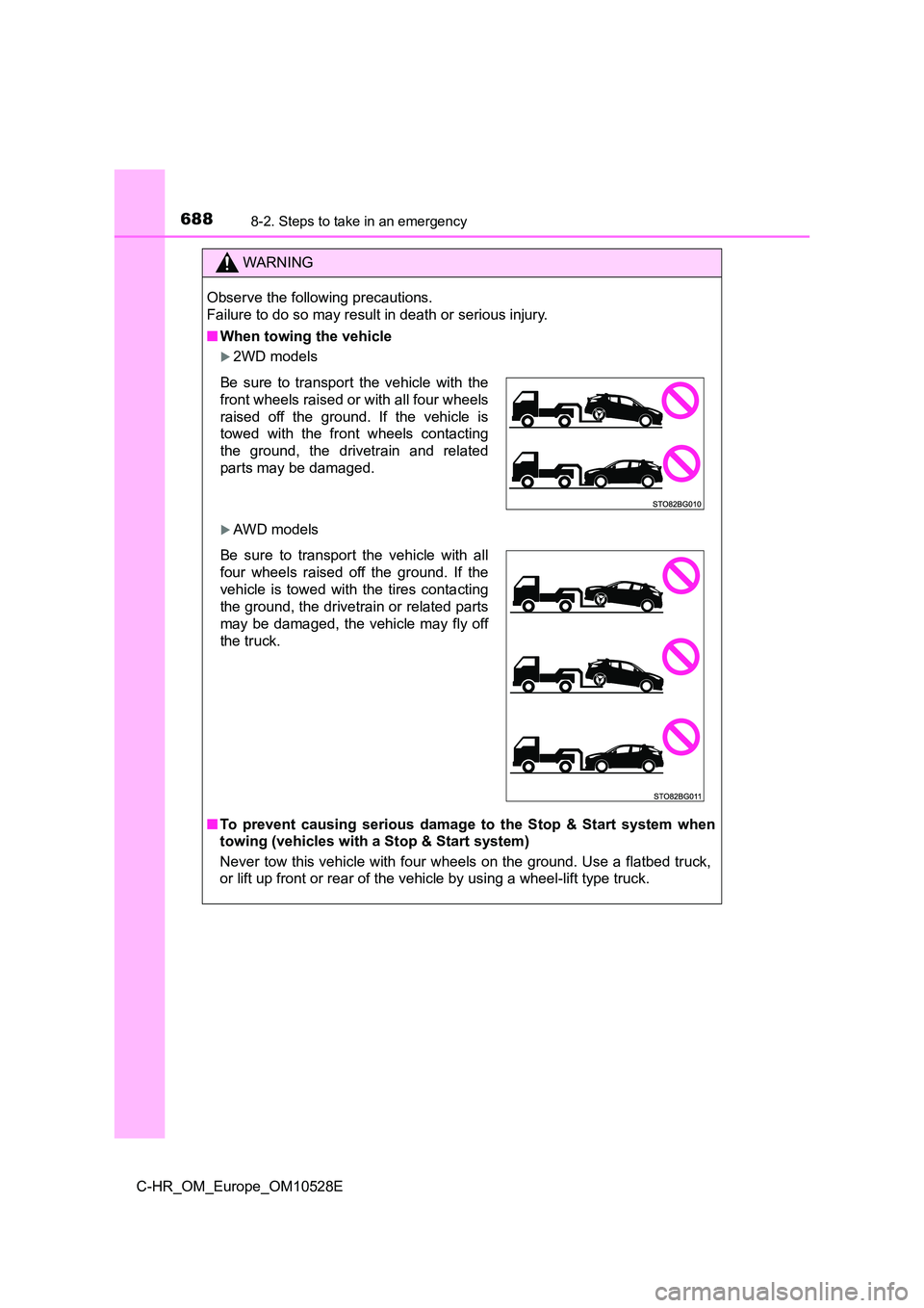 TOYOTA C-HR 2016 Owners Manual 6888-2. Steps to take in an emergency
C-HR_OM_Europe_OM10528E
WARNING
Observe the following precautions.
Failure to do so may result in death or serious injury.
■ When towing the vehicle
2WD m TOYOTA C-HR 2016 Owners Manual 6888-2. Steps to take in an emergency
C-HR_OM_Europe_OM10528E
WARNING
Observe the following precautions.
Failure to do so may result in death or serious injury.
■ When towing the vehicle
2WD m