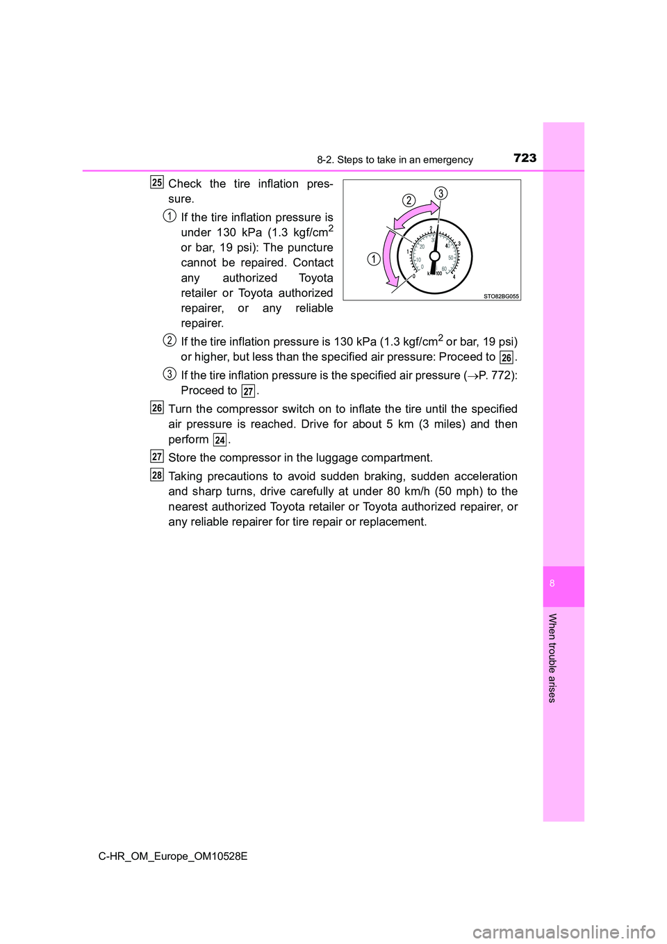 TOYOTA C-HR 2017 Owners Manual 7238-2. Steps to take in an emergency
8
When trouble arises
C-HR_OM_Europe_OM10528E
Check the tire inflation pres-
sure.
If the tire inflation pressure is
under 130 kPa (1.3 kgf/cm2
or bar, 19 psi) TOYOTA C-HR 2017 Owners Manual 7238-2. Steps to take in an emergency
8
When trouble arises
C-HR_OM_Europe_OM10528E
Check the tire inflation pres-
sure.
If the tire inflation pressure is
under 130 kPa (1.3 kgf/cm2
or bar, 19 psi)