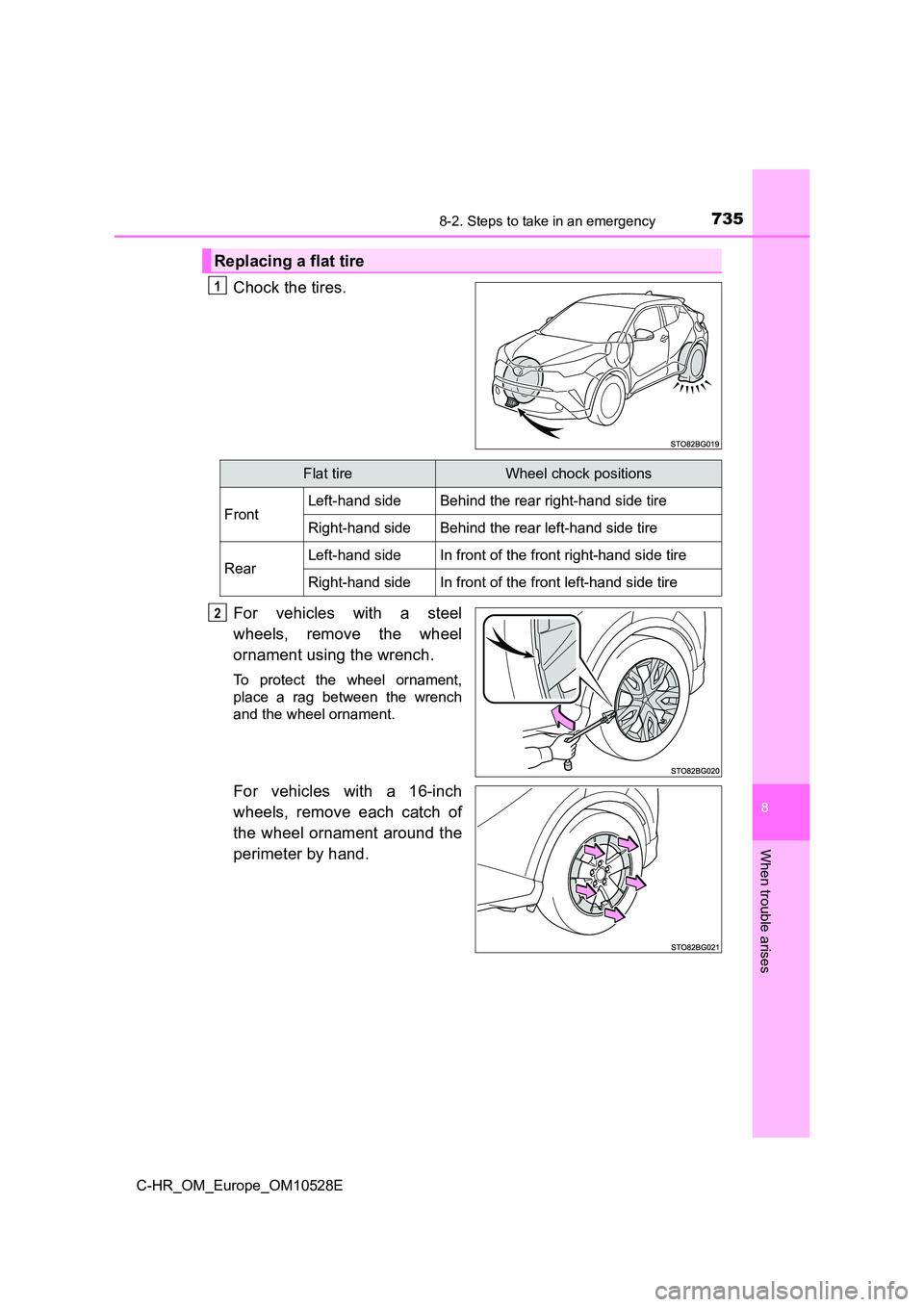 TOYOTA C-HR 2016  Owners Manual 7358-2. Steps to take in an emergency
8
When trouble arises
C-HR_OM_Europe_OM10528E
Chock the tires. 
For vehicles with a steel 
wheels, remove the wheel 
ornament using the wrench.
To protect the whe