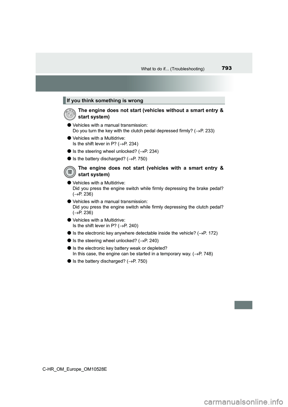 TOYOTA C-HR 2016 Owners Manual 793What to do if... (Troubleshooting)
C-HR_OM_Europe_OM10528E
●Vehicles with a manual transmission:
Do you turn the key with the clutch pedal depressed firmly? ( P. 233)
●Vehicles with a Multi TOYOTA C-HR 2016 Owners Manual 793What to do if... (Troubleshooting)
C-HR_OM_Europe_OM10528E
●Vehicles with a manual transmission:
Do you turn the key with the clutch pedal depressed firmly? ( P. 233)
●Vehicles with a Multi