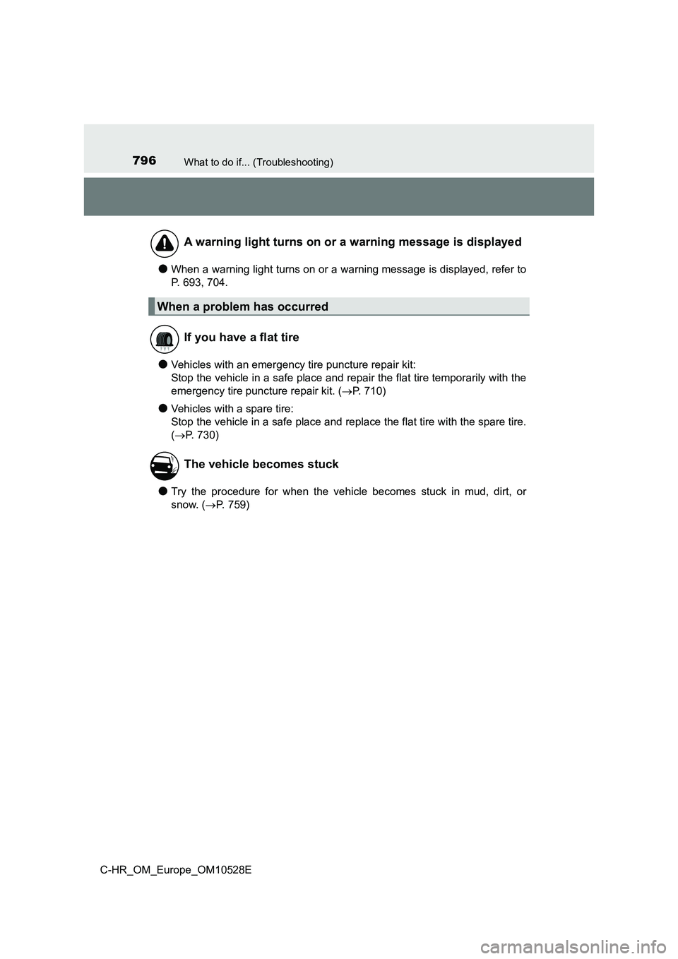 TOYOTA C-HR 2016 Owners Manual 796What to do if... (Troubleshooting)
C-HR_OM_Europe_OM10528E
●When a warning light turns on or a warning message is displayed, refer to
P. 693, 704.
●Vehicles with an emergency tire puncture rep TOYOTA C-HR 2016 Owners Manual 796What to do if... (Troubleshooting)
C-HR_OM_Europe_OM10528E
●When a warning light turns on or a warning message is displayed, refer to
P. 693, 704.
●Vehicles with an emergency tire puncture rep