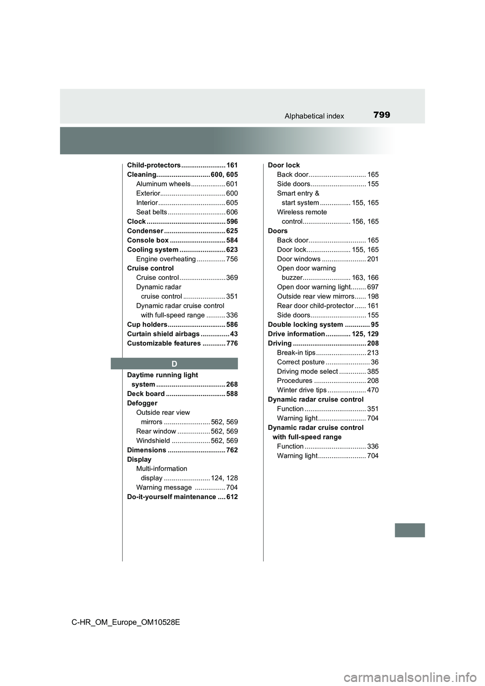 TOYOTA C-HR 2016 Owners Manual 799Alphabetical index
C-HR_OM_Europe_OM10528E
Child-protectors ....................... 161
Cleaning............................ 600, 605
Aluminum wheels .................. 601
Exterior............... TOYOTA C-HR 2016 Owners Manual 799Alphabetical index
C-HR_OM_Europe_OM10528E
Child-protectors ....................... 161
Cleaning............................ 600, 605
Aluminum wheels .................. 601
Exterior...............