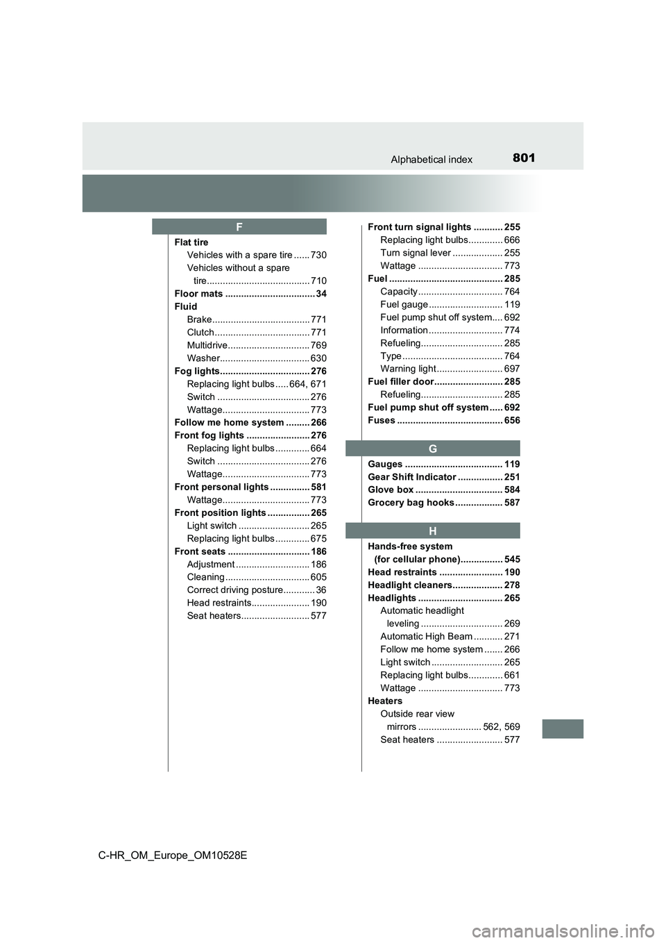 TOYOTA C-HR 2016 Owners Manual 801Alphabetical index
C-HR_OM_Europe_OM10528E
Flat tire
Vehicles with a spare tire ...... 730
Vehicles without a spare
tire....................................... 710
Floor mats ................... TOYOTA C-HR 2016 Owners Manual 801Alphabetical index
C-HR_OM_Europe_OM10528E
Flat tire
Vehicles with a spare tire ...... 730
Vehicles without a spare
tire....................................... 710
Floor mats ...................