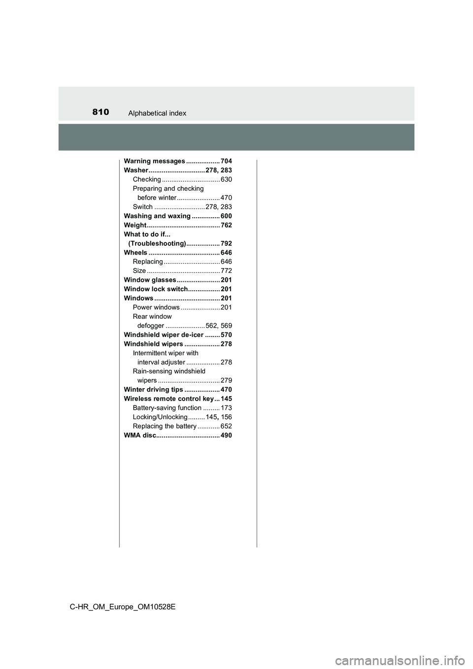 TOYOTA C-HR 2016 Owners Manual 810Alphabetical index
C-HR_OM_Europe_OM10528E
Warning messages .................. 704
Washer .............................. 278, 283
Checking ............................... 630
Preparing and checkin TOYOTA C-HR 2016 Owners Manual 810Alphabetical index
C-HR_OM_Europe_OM10528E
Warning messages .................. 704
Washer .............................. 278, 283
Checking ............................... 630
Preparing and checkin