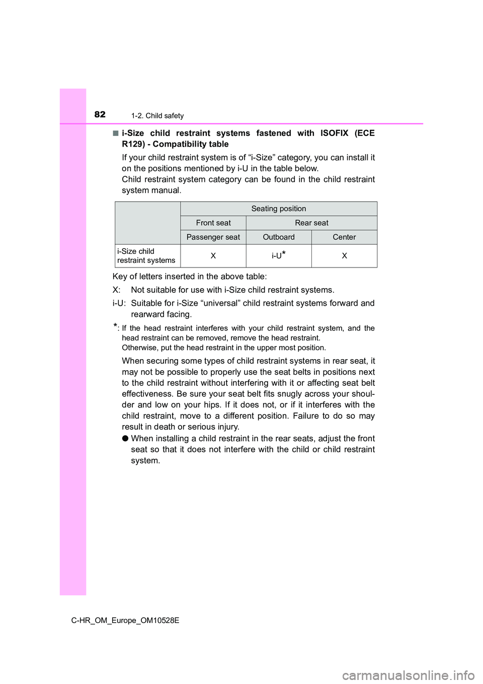 TOYOTA C-HR 2017 Manual Online 821-2. Child safety
C-HR_OM_Europe_OM10528E
■i-Size child restraint systems fastened with ISOFIX (ECE
R129) - Compatibility table
If your child restraint system is of “i-Size” category, you c TOYOTA C-HR 2017 Manual Online 821-2. Child safety
C-HR_OM_Europe_OM10528E
■i-Size child restraint systems fastened with ISOFIX (ECE
R129) - Compatibility table
If your child restraint system is of “i-Size” category, you c