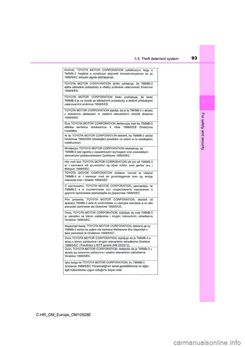 TOYOTA C-HR 2016  Owners Manual 931-3. Theft deterrent system
1
For safety and security
C-HR_OM_Europe_OM10528E 