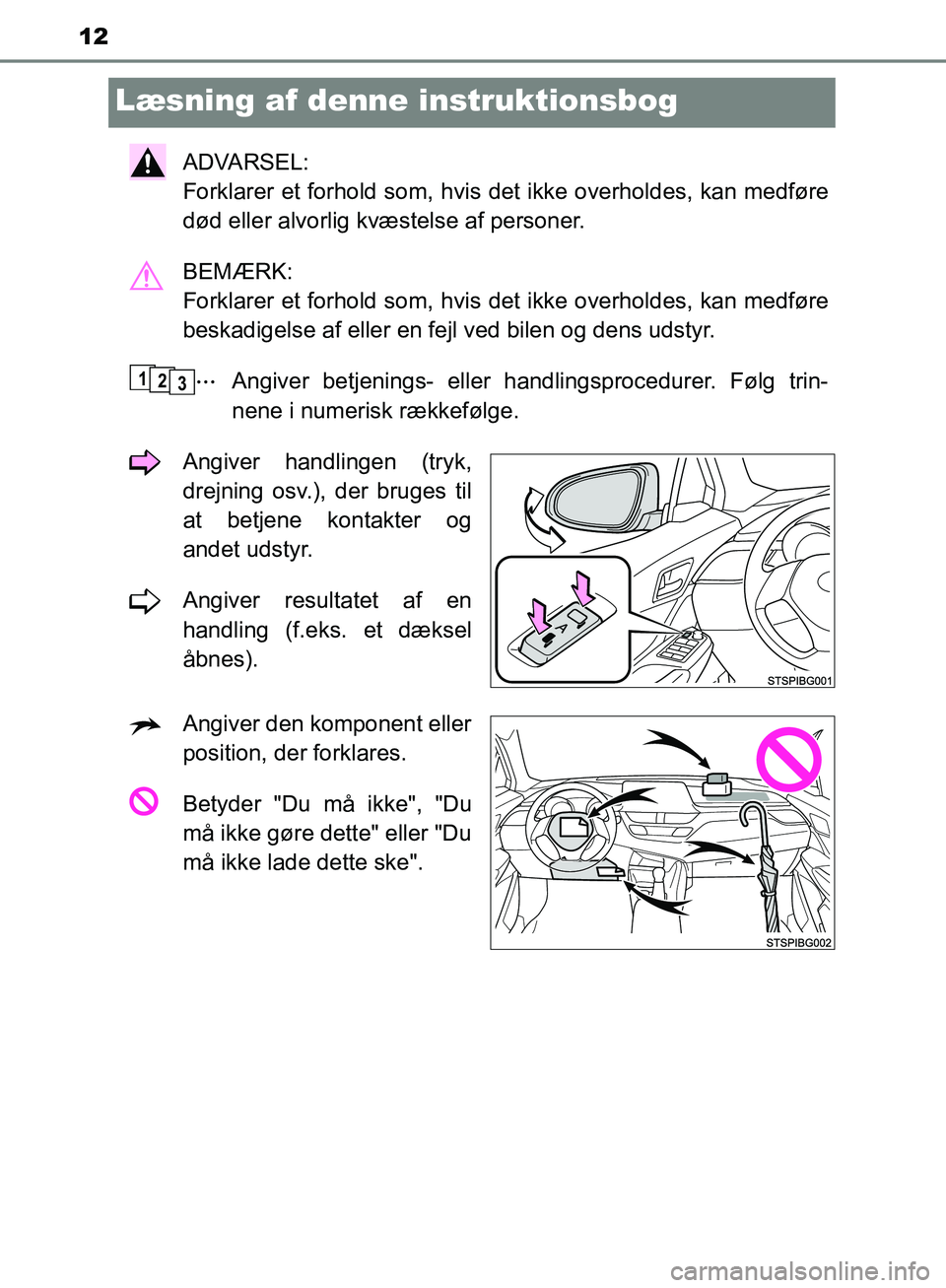 TOYOTA C-HR 2016  Brugsanvisning (in Danish) 12
OM10528DK_C-HR
Læsning af denne instruktionsbog
ADVARSEL: 
Forklarer et forhold som, hvis det ikke overholdes, kan medføre
død eller alvorlig kvæstelse af personer.
BEMÆRK: 
Forklarer et forho